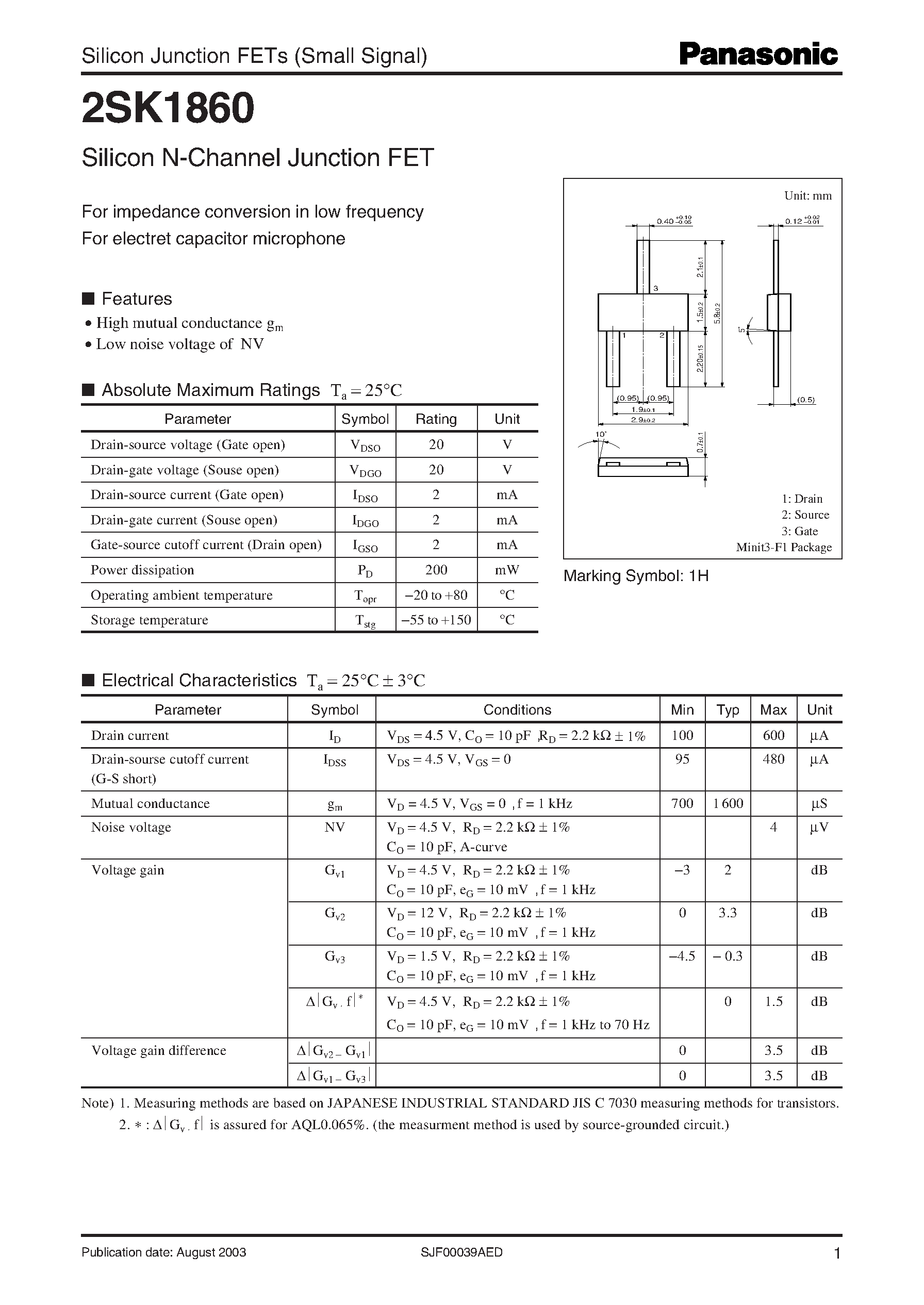 Datasheet 2SK1860 - Silicon N-Channel Junction FET page 1