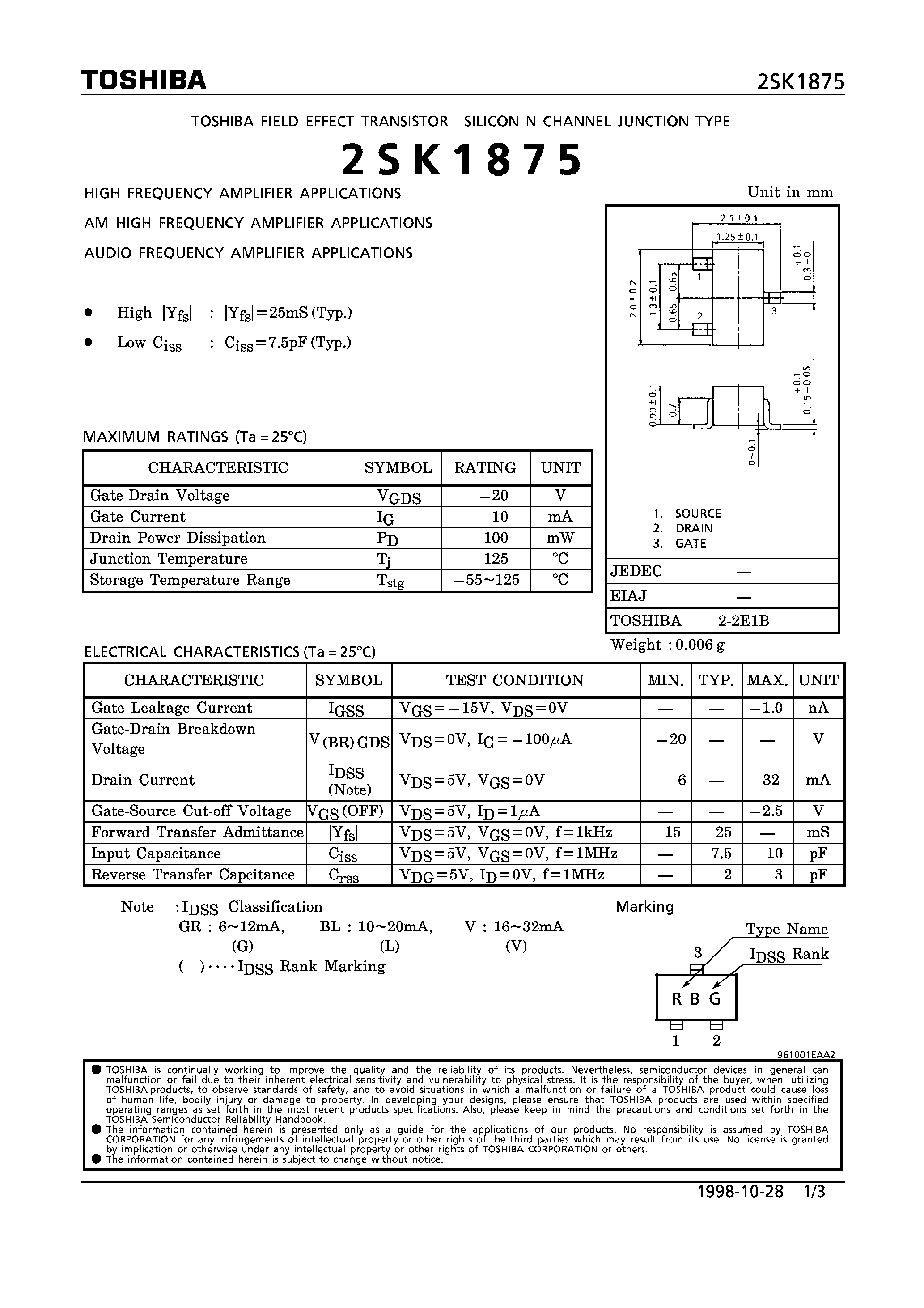 Datasheet 2SK1875 - N CHANNEL JUNCTION TYPE (HIGH/ AM HIGH/ AUDIO FREQUENCY AMPLIFIER APPLICATIONS) page 1