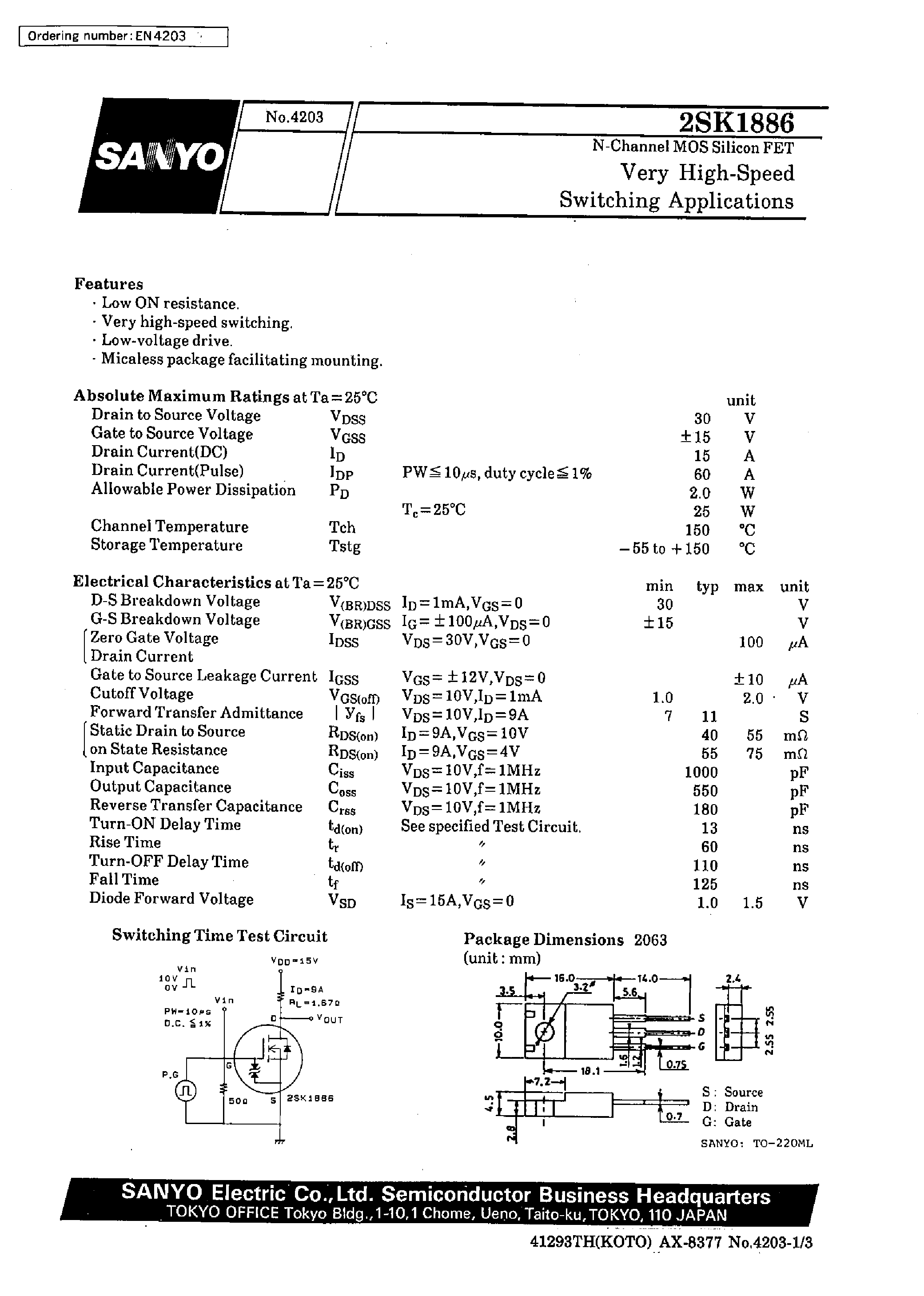 Даташит 2SK1886 - Very High-Speed Switching Applications страница 1