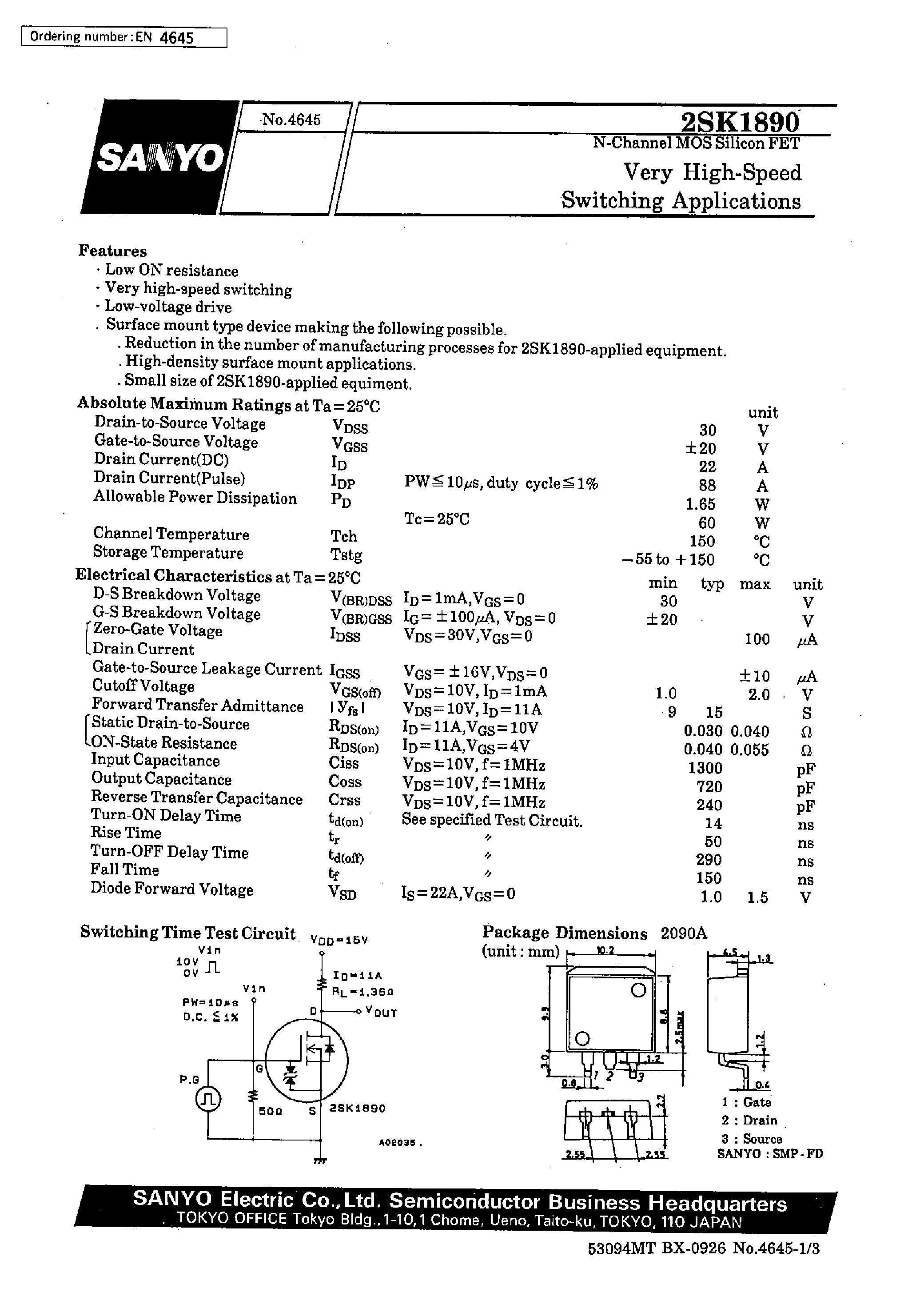 Datasheet 2SK1890 - Very High-Speed Switching Applications page 1