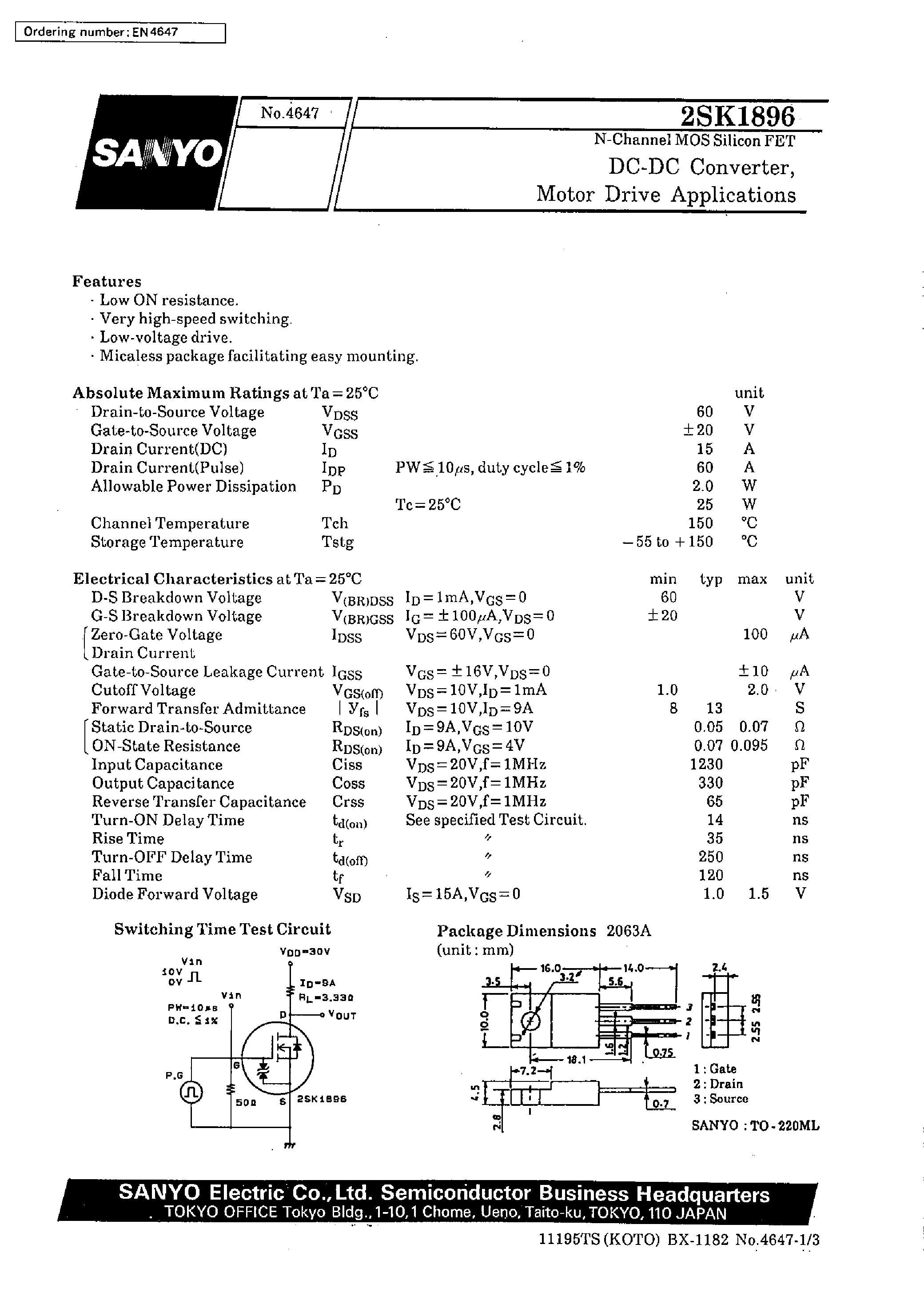 Даташит 2SK1896 - DC-DC Converter/ Motor Drive Applications страница 1