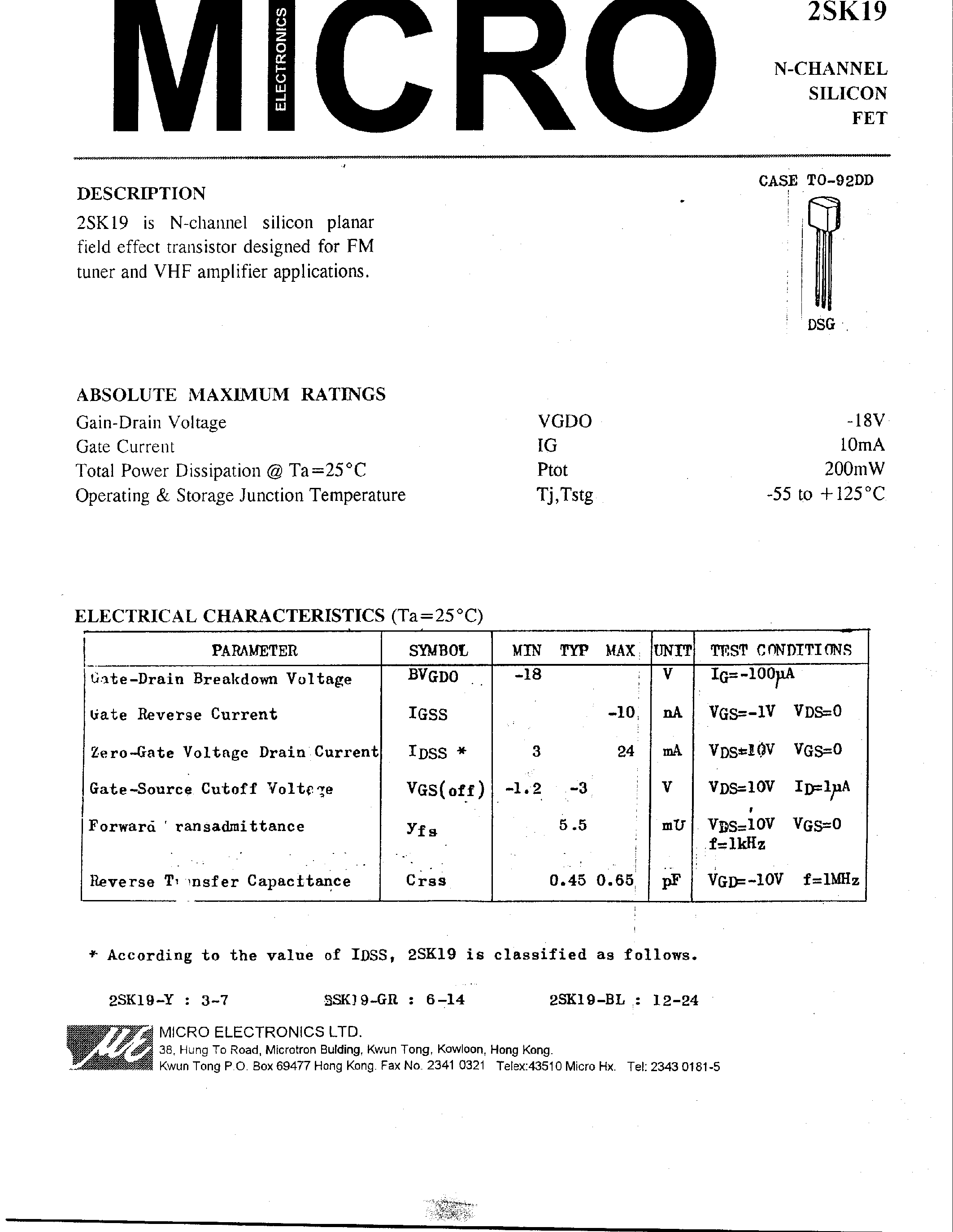 Datasheet 2SK19 - N-CHANNEL SILICON FET page 1