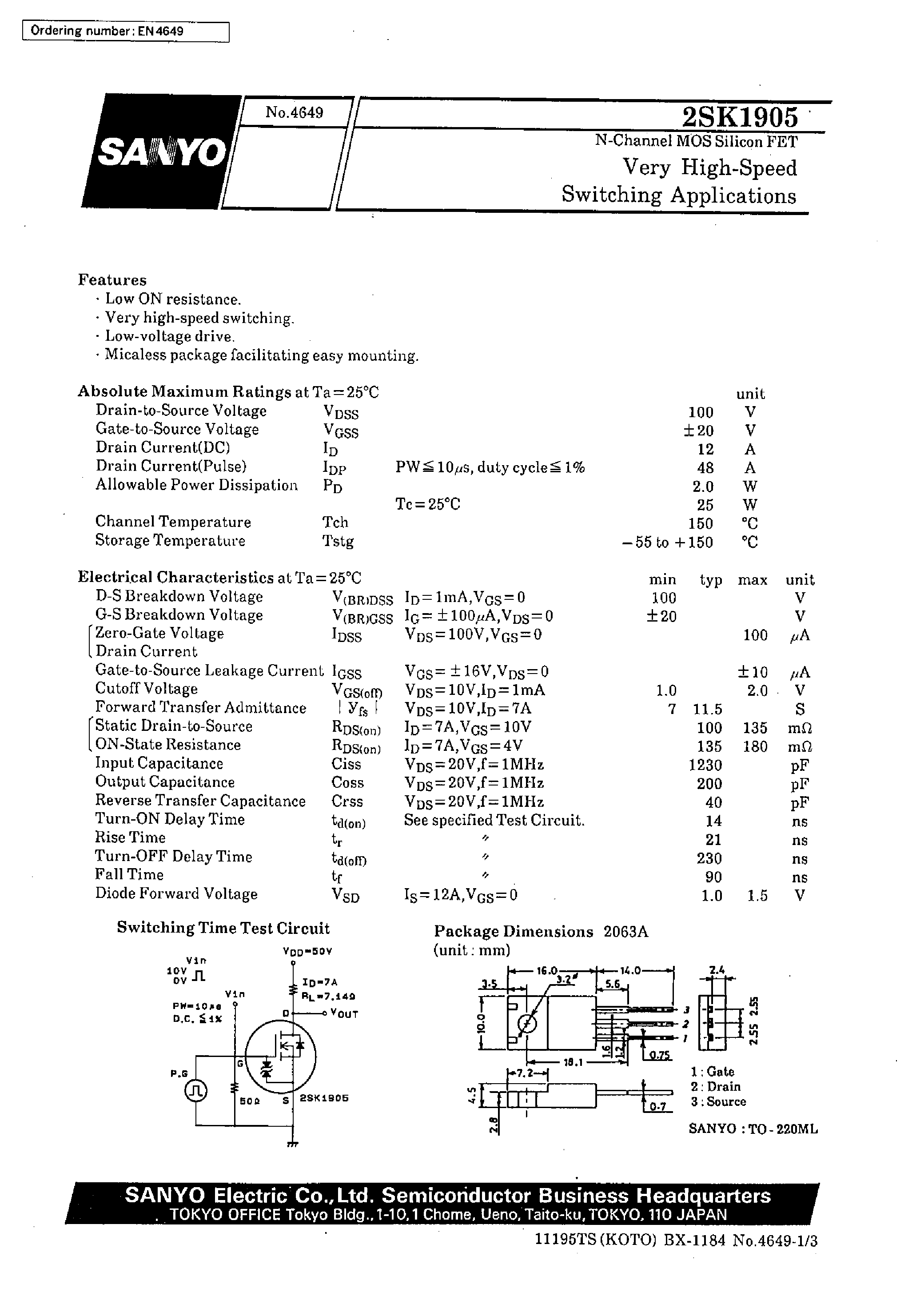 Datasheet 2SK1905 - Very High-Speed Switching Applications page 1