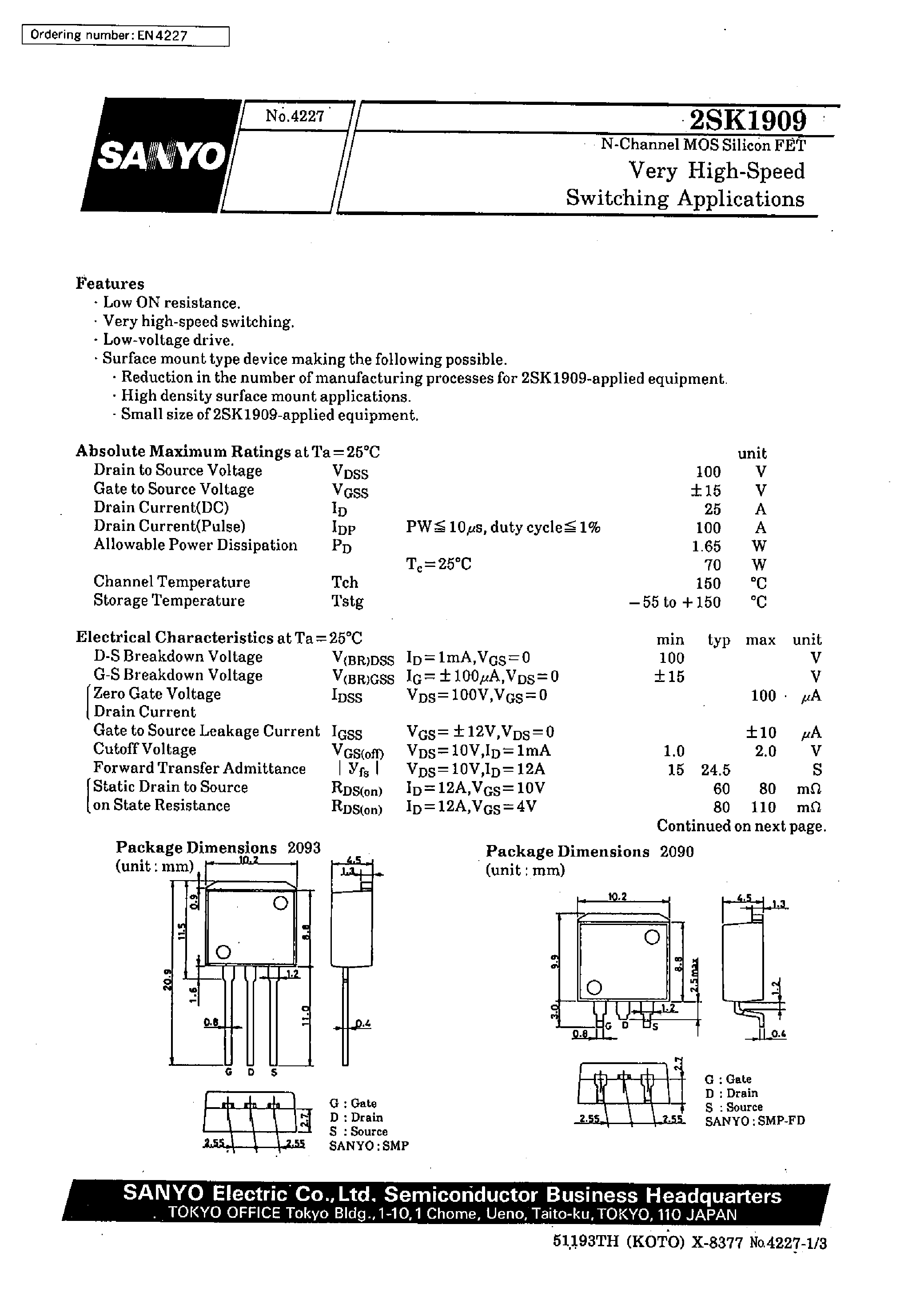 Datasheet 2SK1909 - Very High-Speed Switching Applications page 1