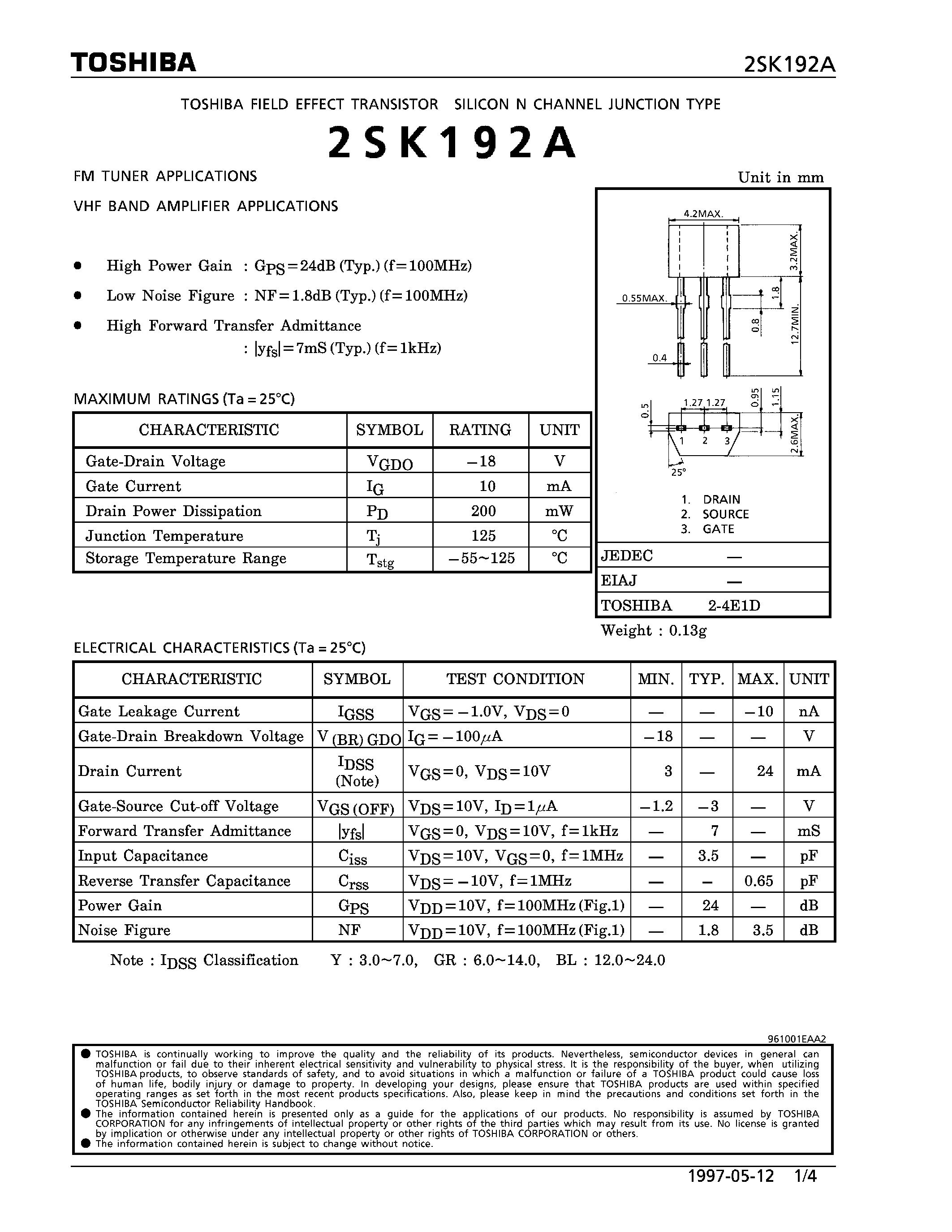 Datasheet 2SK192A - N CHANNEL JUNCTION TYPE (FM TUNER/ VHF BAND AMPLIFIER APPLICATIONS) page 1