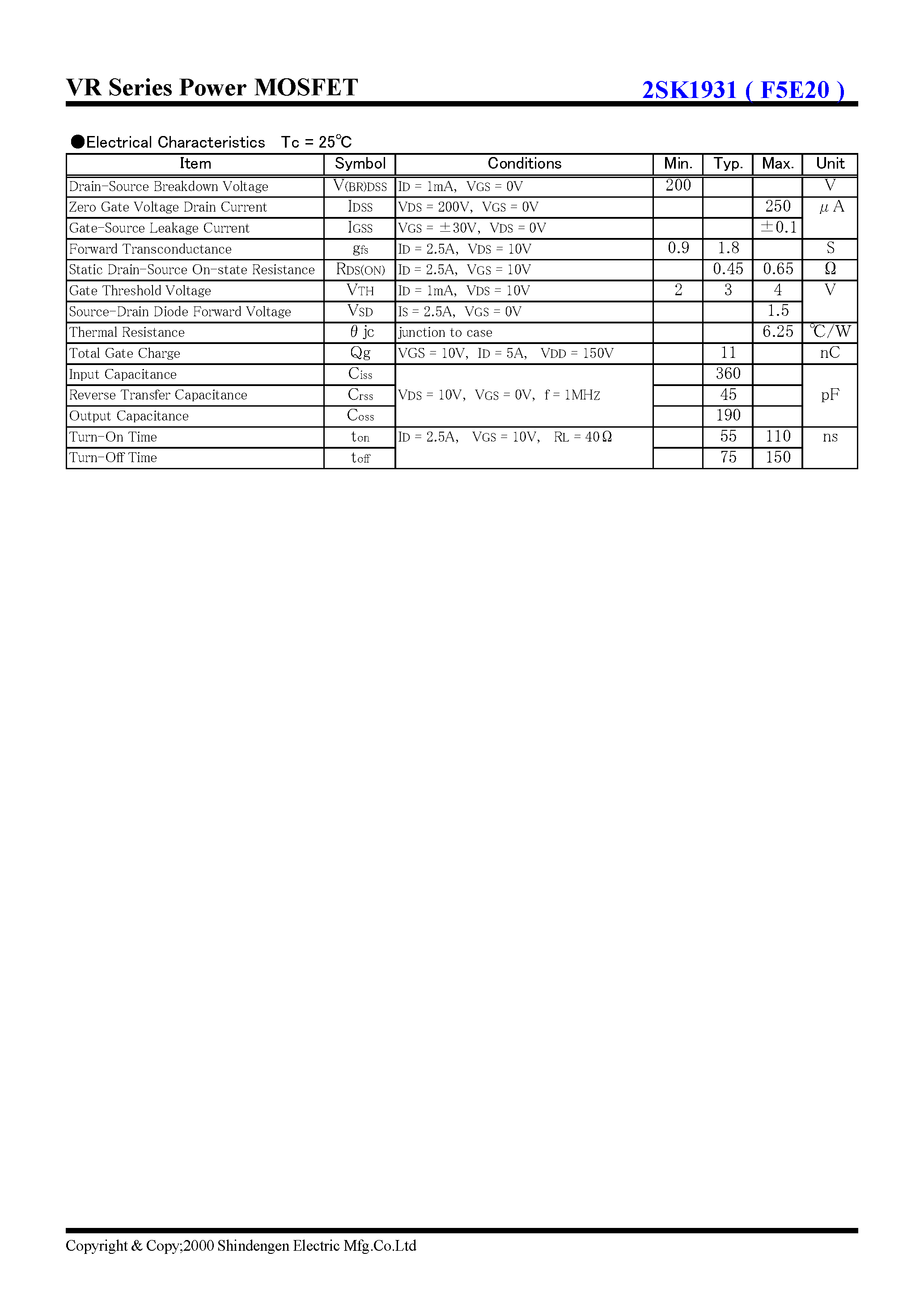 Datasheet 2SK1931 - VR Series Power MOSFET(200V 5A) page 2