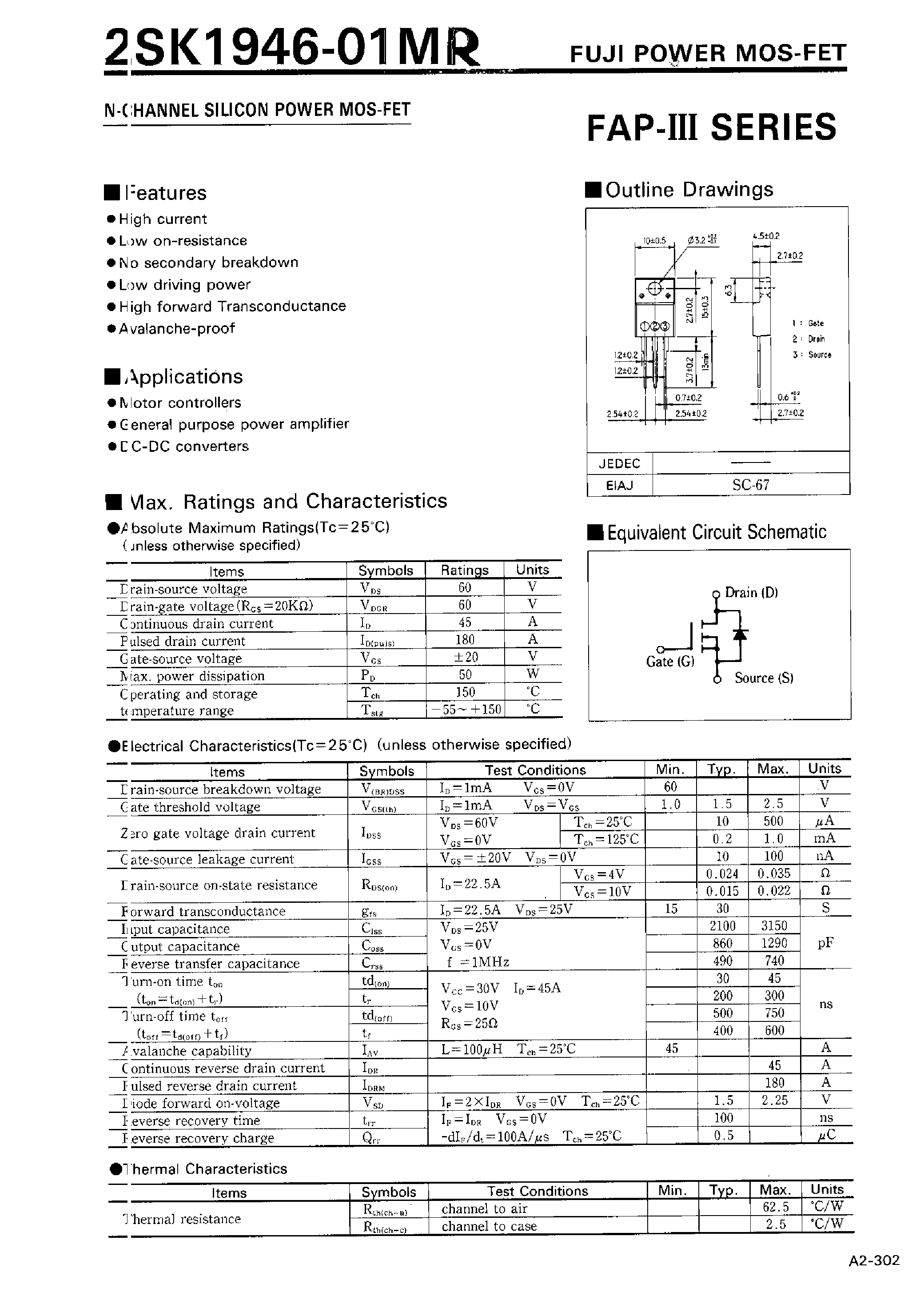 Datasheet 2SK1946-01MR - N-CHANNEL SILICON POWER MOSFET page 1