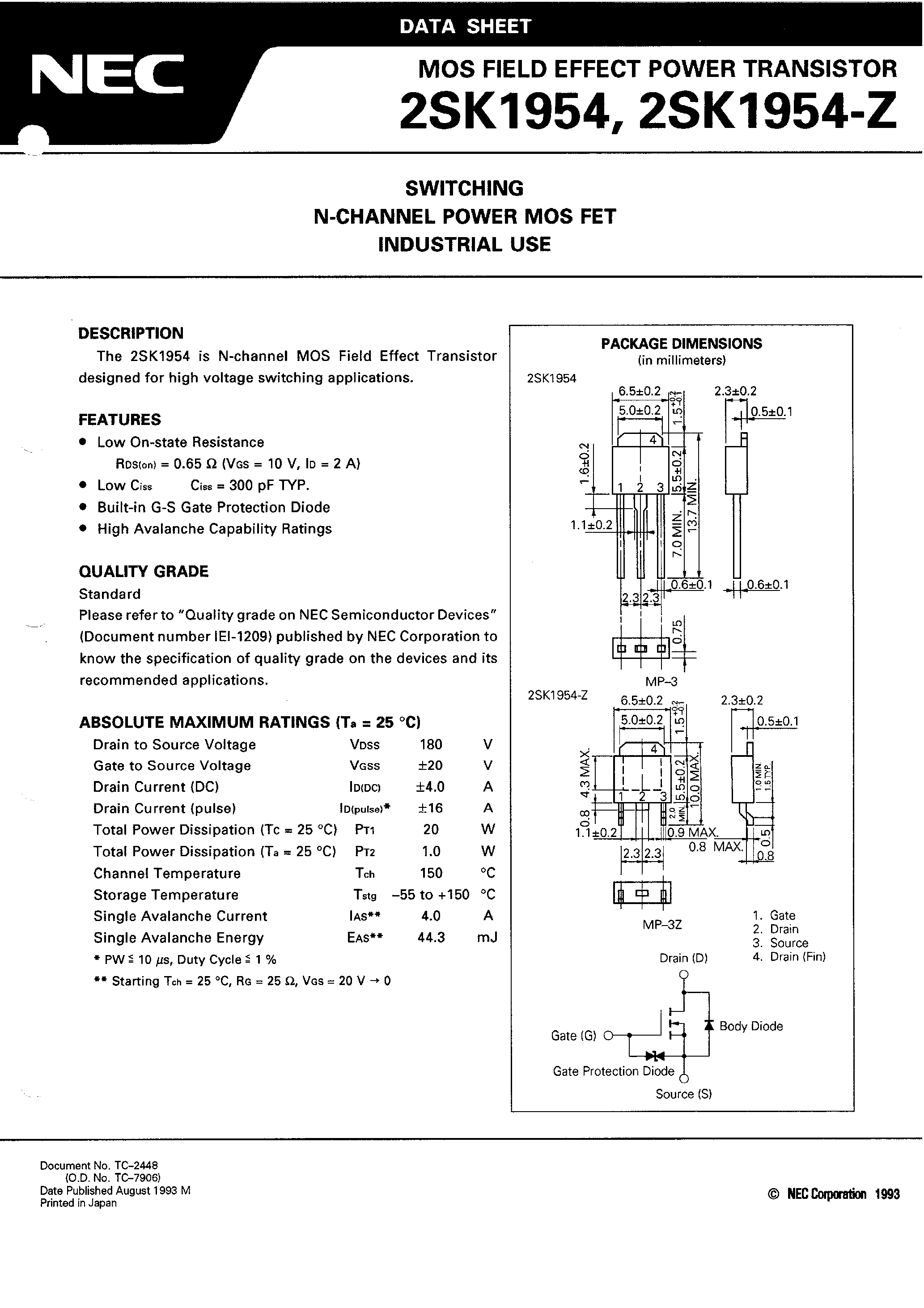 Datasheet 2SK1954 - SWITCHING N-CHANNEL POWER MOS FET INDUSTRIAL USE page 1