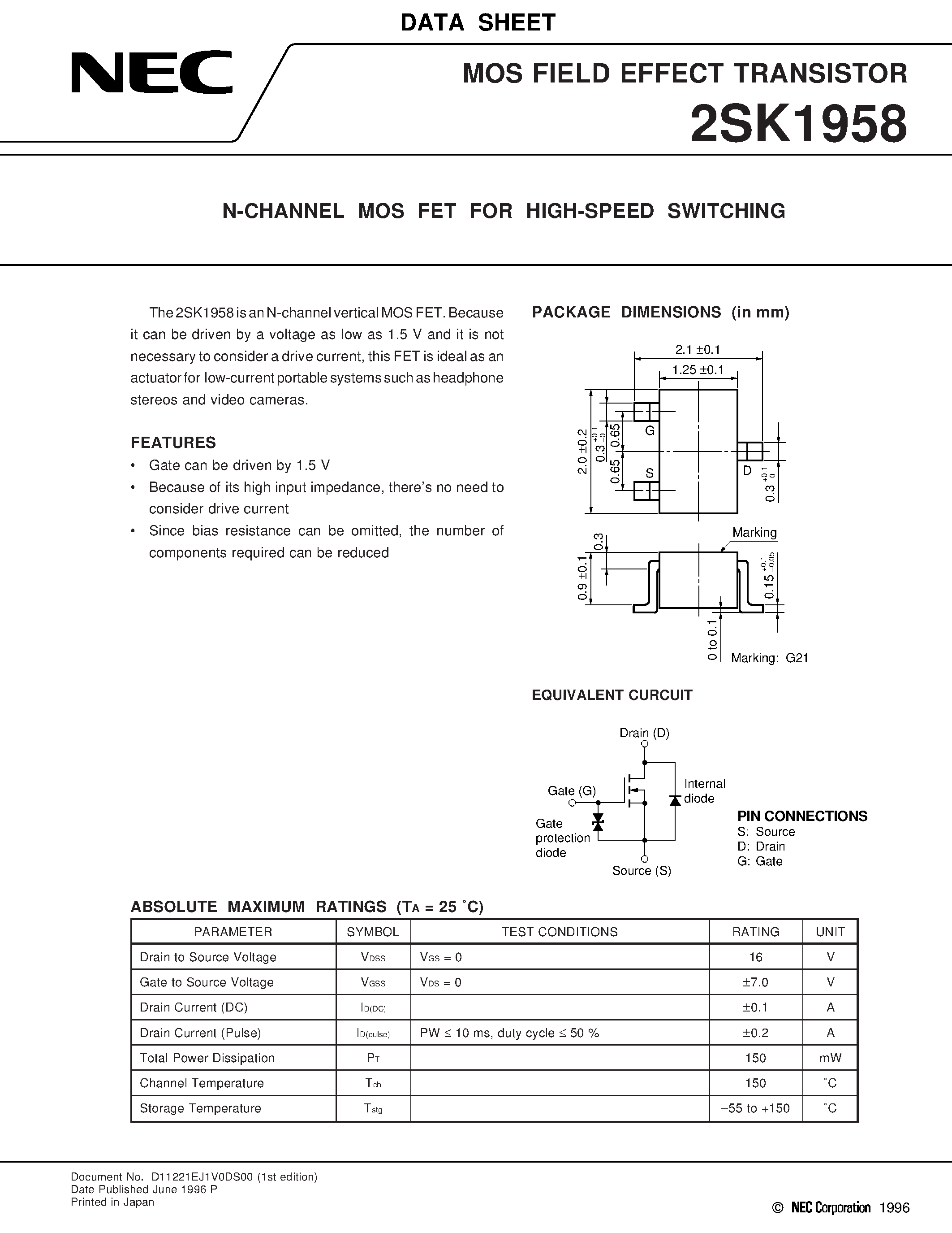 Datasheet 2SK1958 - N-CHANNEL MOS FET FOR HIGH SPEED SWITCHING page 1