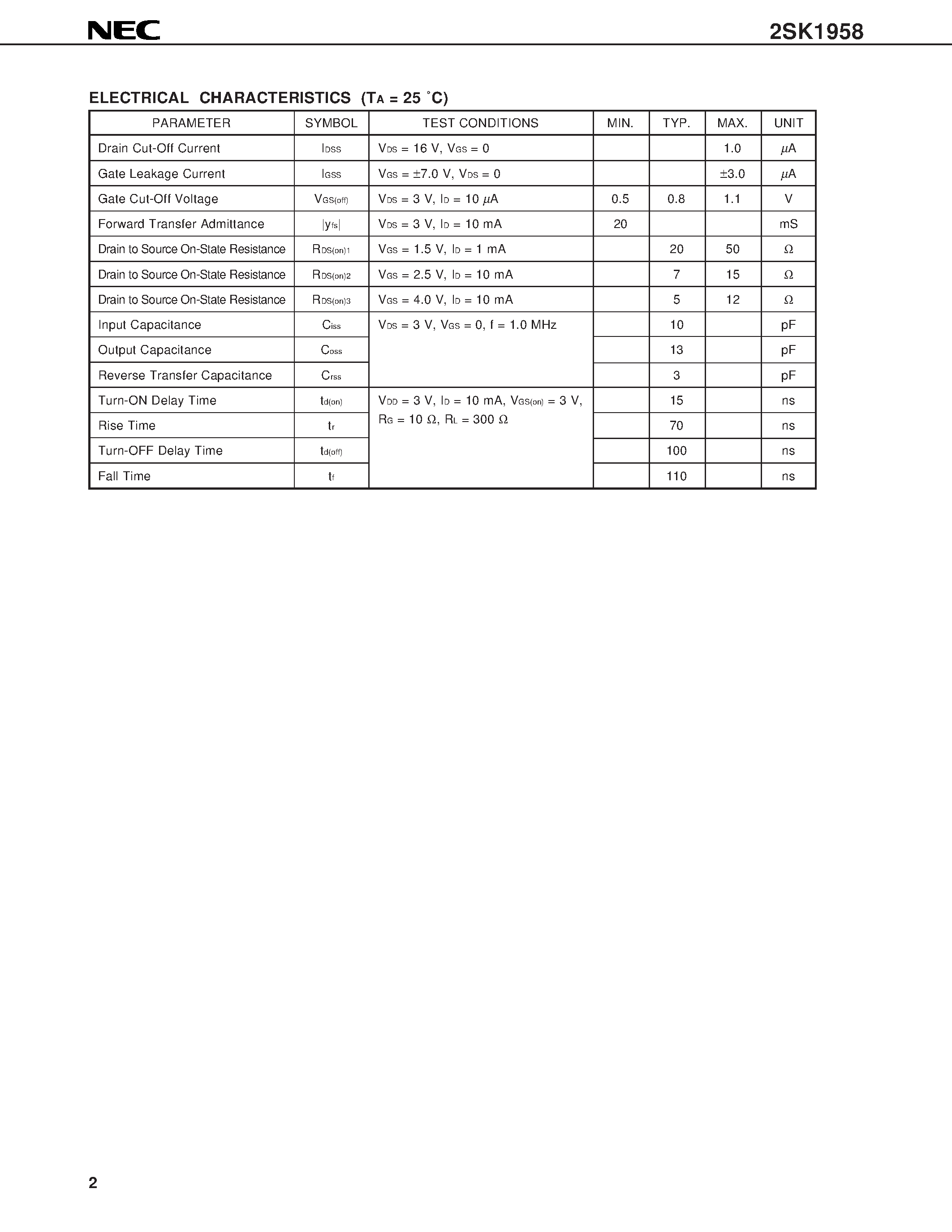 Datasheet 2SK1958 - N-CHANNEL MOS FET FOR HIGH SPEED SWITCHING page 2