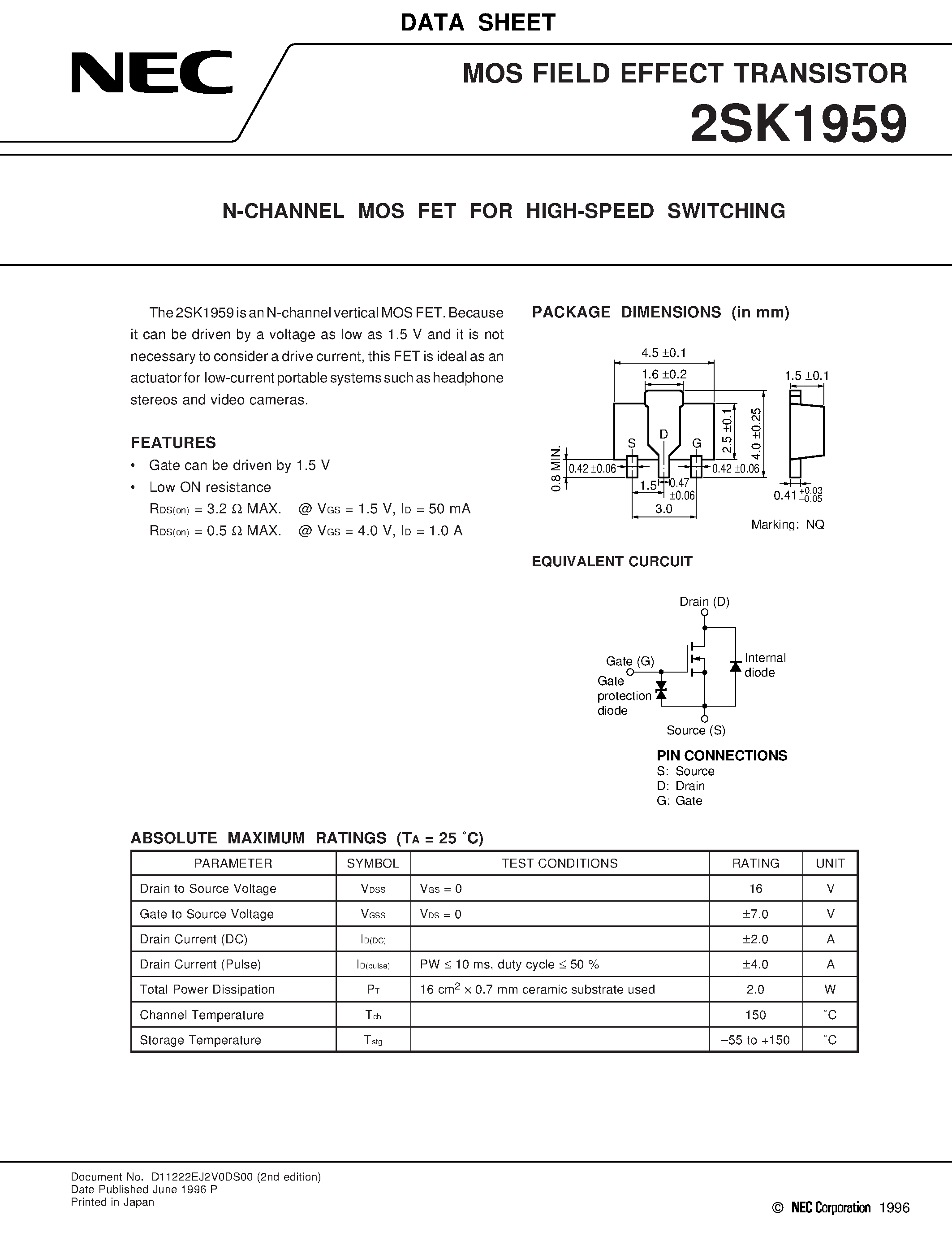 Datasheet 2SK1959 - N-CHANNEL MOS FET FOR HIGH SPEED SWITCHING page 1