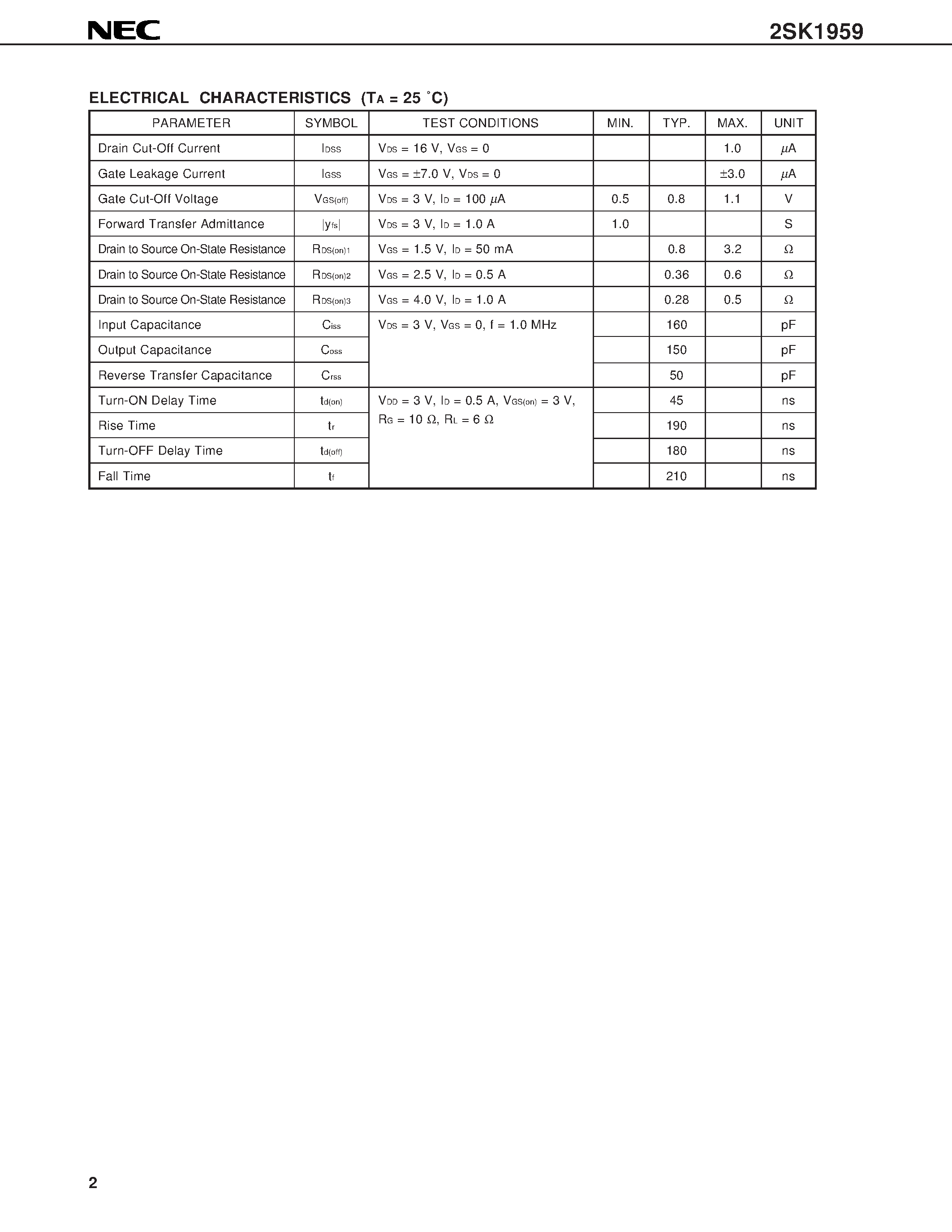 Datasheet 2SK1959 - N-CHANNEL MOS FET FOR HIGH SPEED SWITCHING page 2