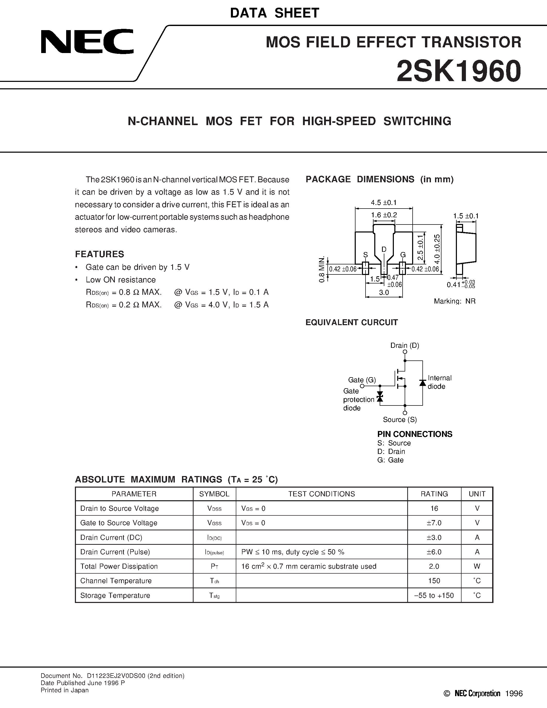 Datasheet 2SK1960 - N-CHANNEL MOS FET FOR HIGH SPEED SWITCHING page 1