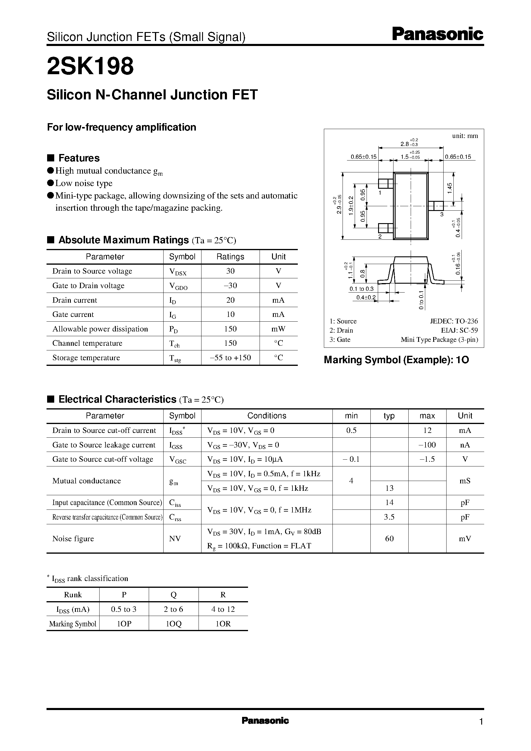 Datasheet 2SK198 - Silicon N-Channel Junction FET page 1