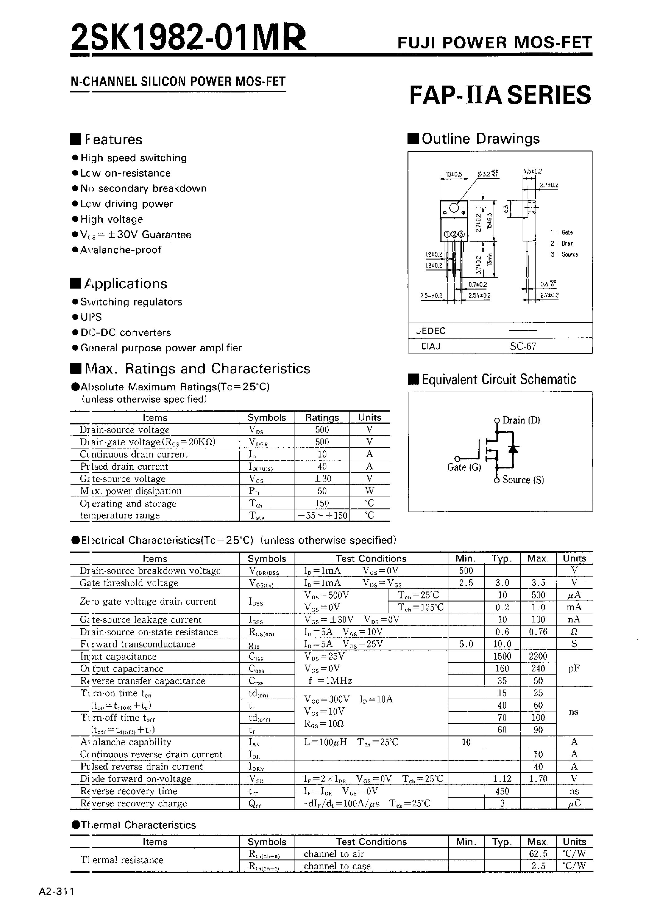 Datasheet 2SK1982-01MR - N-CHANNEL SILICON POWER MOSFET page 1