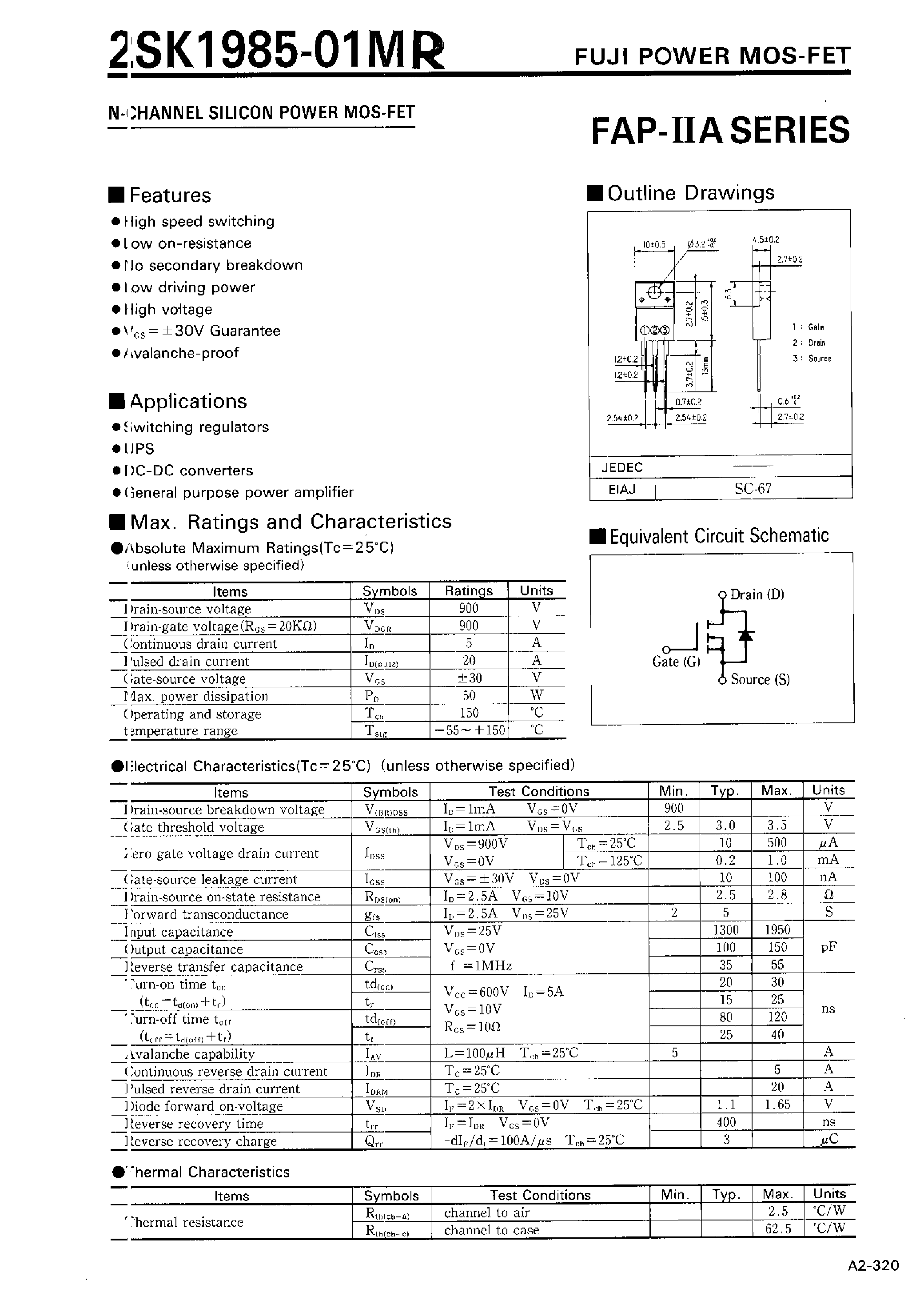 Datasheet 2SK1985-01MR - N-CHANNEL SILICON POWER MOSFET page 1