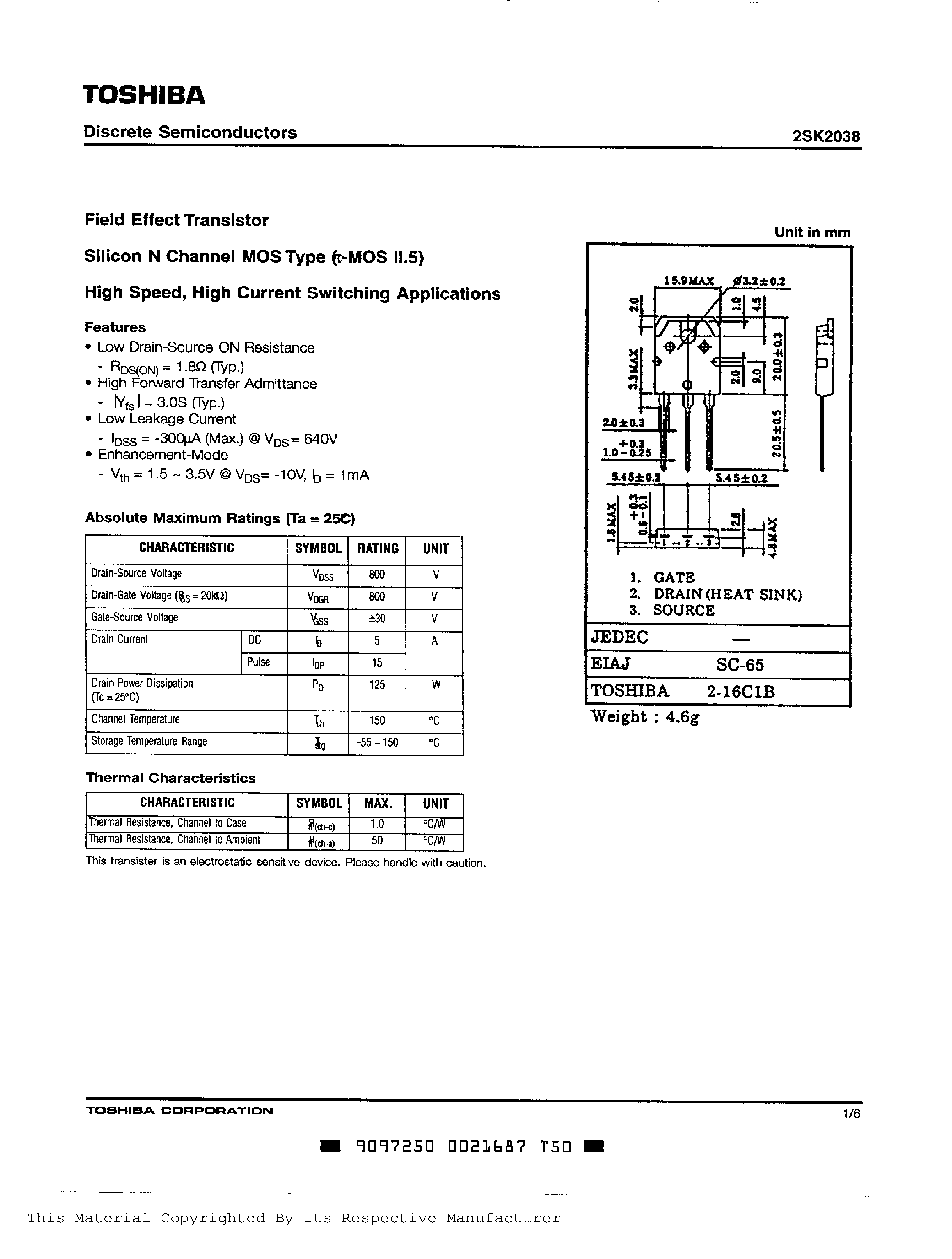 Datasheet 2SK2038 - N CHANNEL MOS TYPE (HIGH SPEED/ HIGH CURRENT SWITCHING APPLICATIONS) page 1