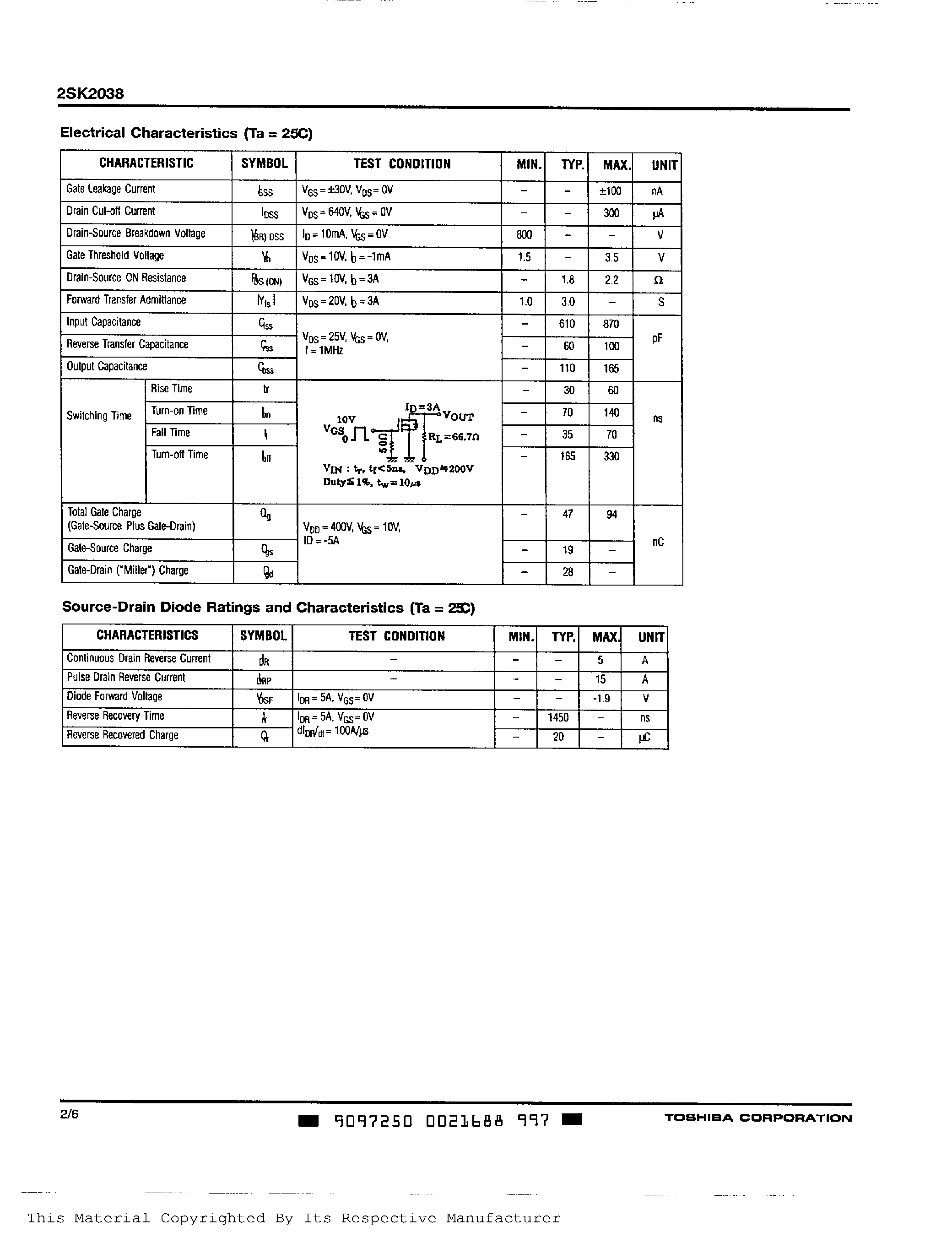 Datasheet 2SK2038 - N CHANNEL MOS TYPE (HIGH SPEED/ HIGH CURRENT SWITCHING APPLICATIONS) page 2