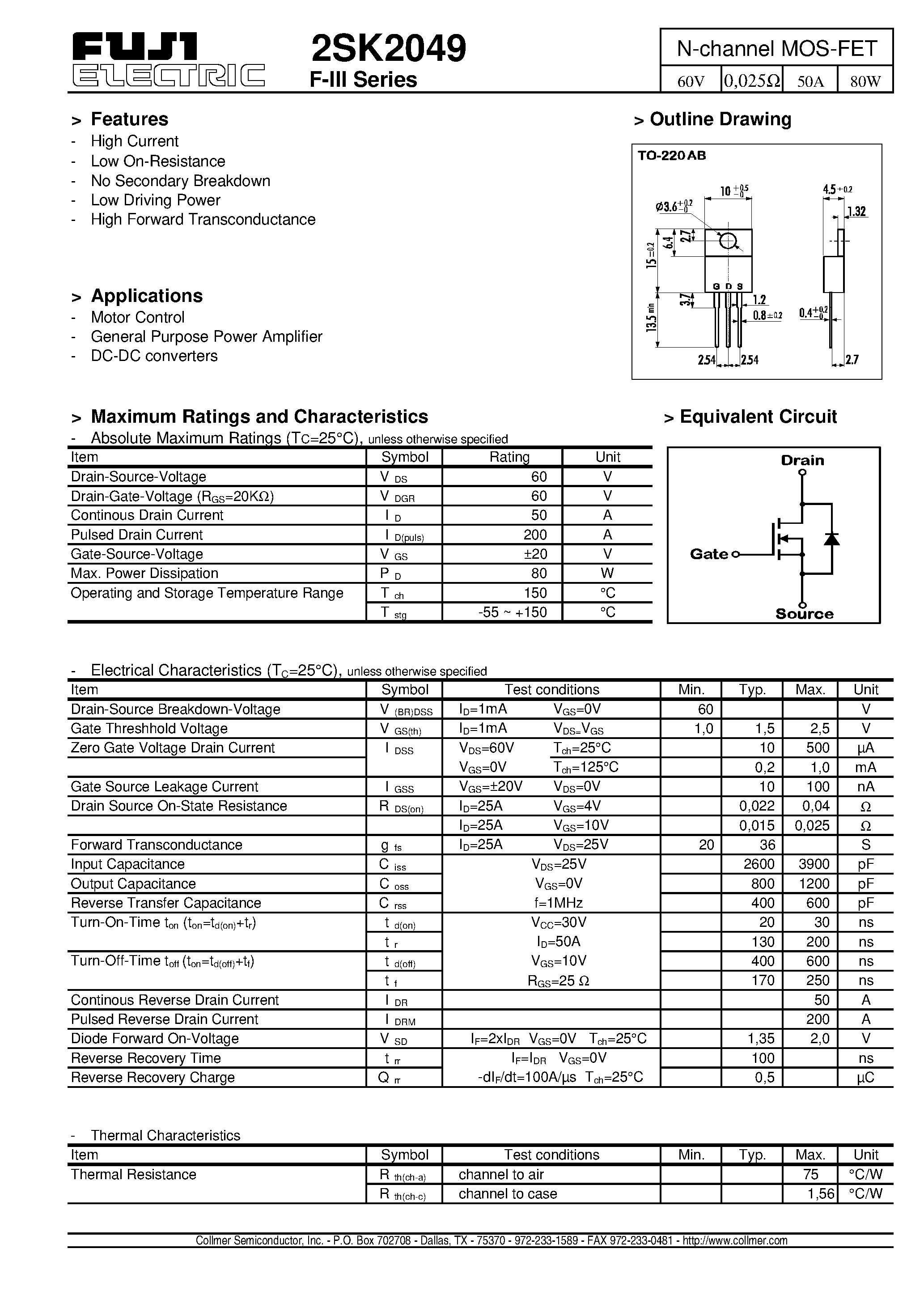 Datasheet 2SK2049 - N-channel MOS-FET page 1