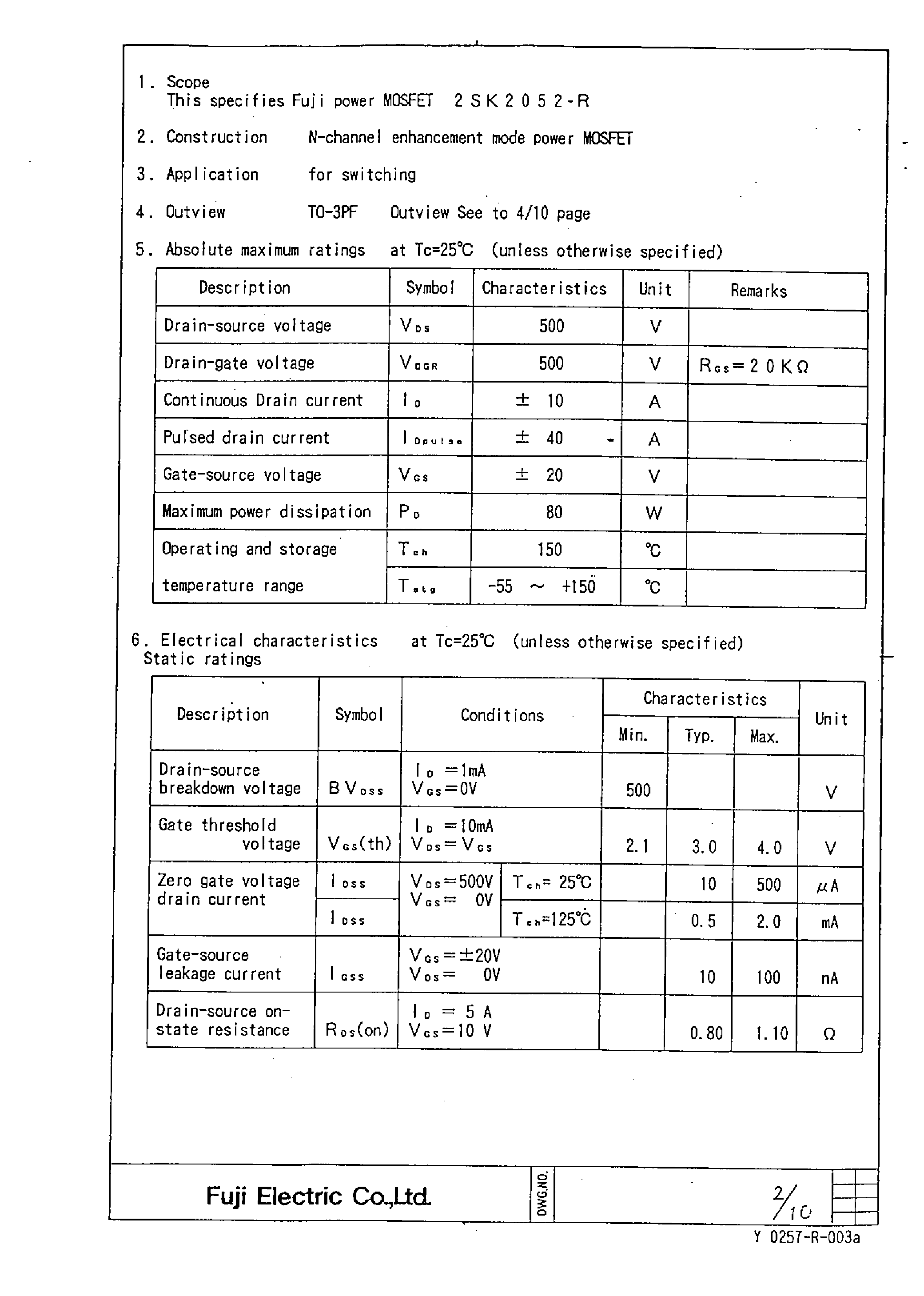 Datasheet 2SK2052 - Power MOSFET page 2