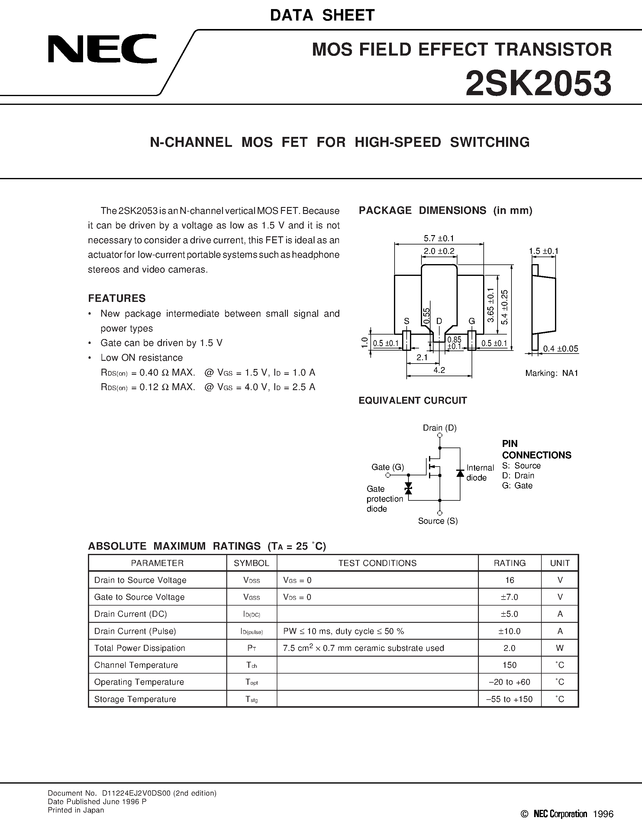 Datasheet 2SK2053 - N-CHANNEL MOS FET FOR HIGH-SPEED SWITCHING page 1