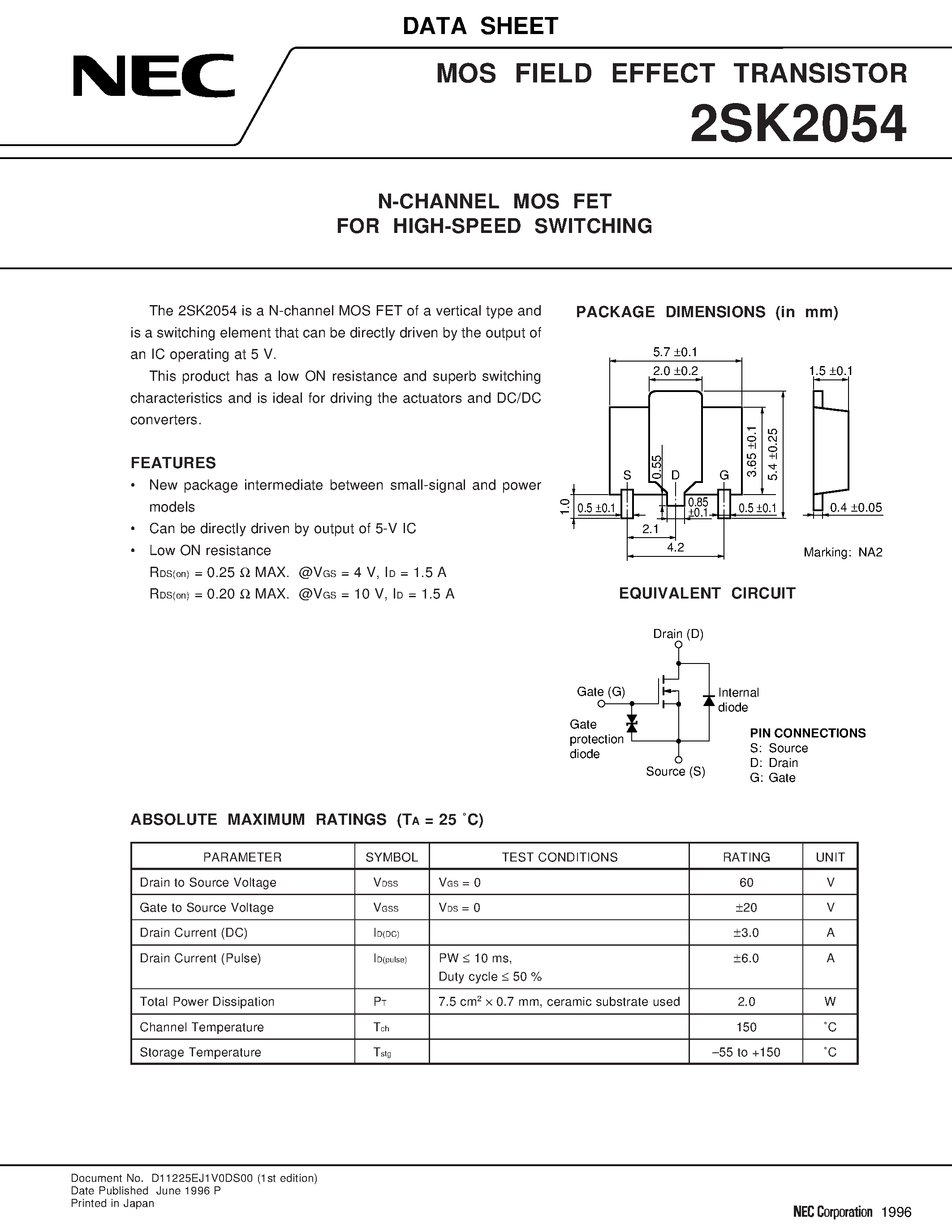 Datasheet 2SK2054 - N-CHANNEL MOS FET FOR HIGH-SPEED SWITCHING page 1