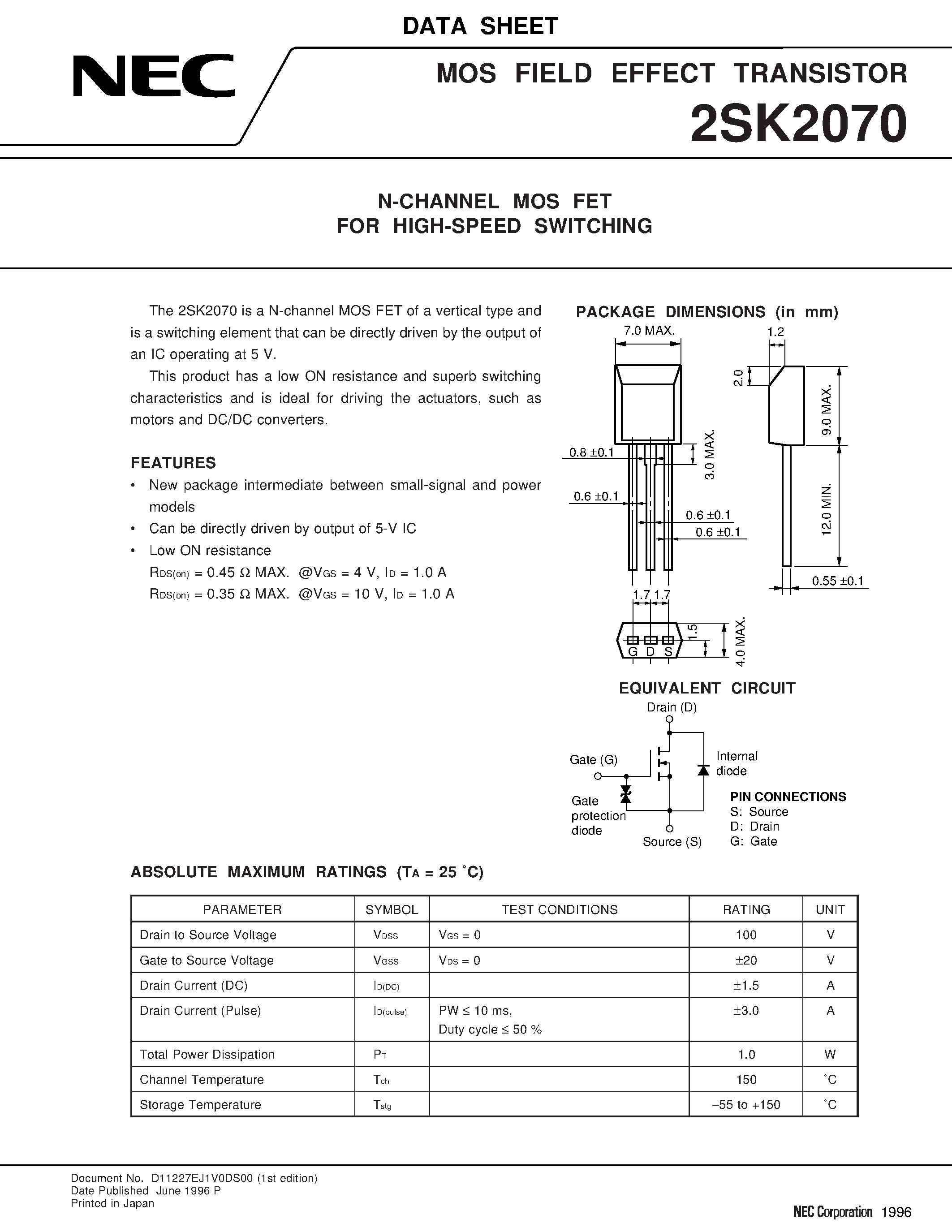 Даташит 2SK2070 - N-CHANNEL MOS FET FOR HIGH-SPEED SWITCHING страница 1