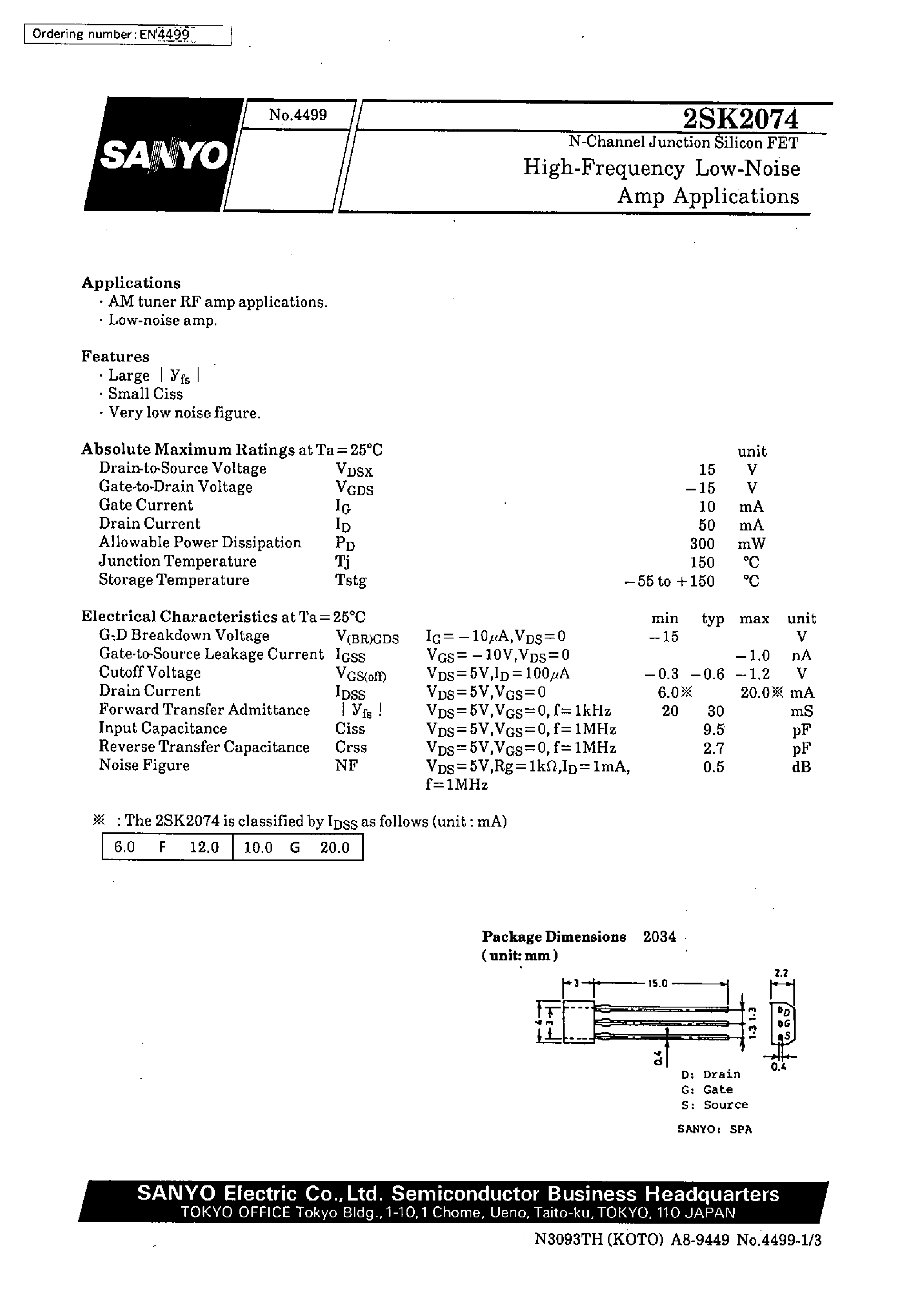 Даташит 2SK2074 - High-Frequency Low-Noise Amp Applications страница 1