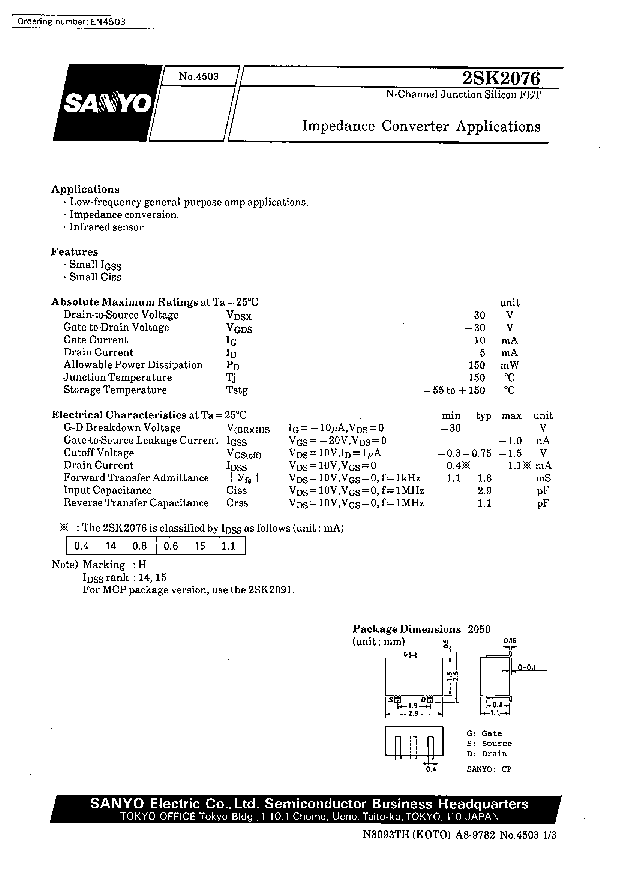 Datasheet 2SK2076 - Impedance Converter Applications page 1