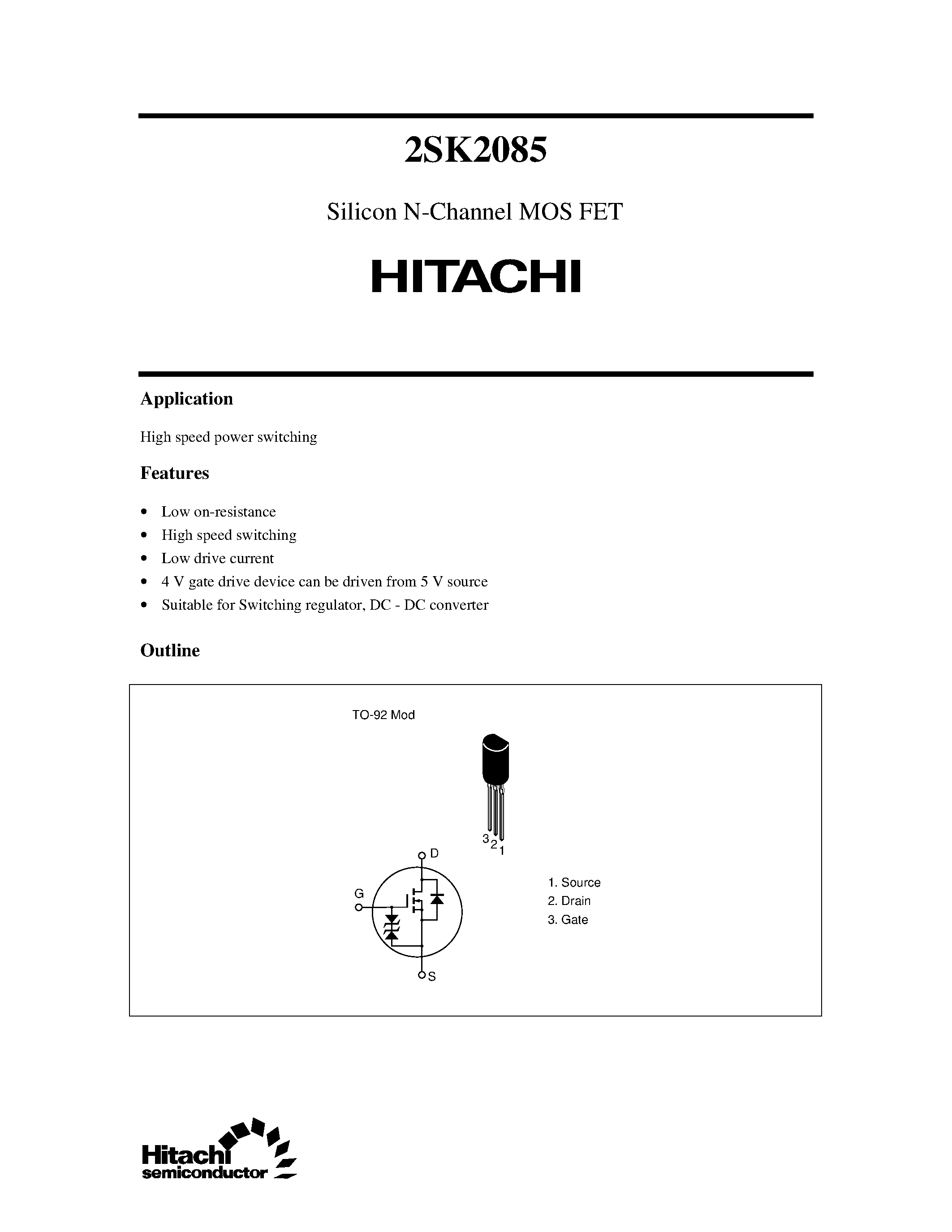 Datasheet 2SK2085 - Silicon N-Channel MOS FET page 1