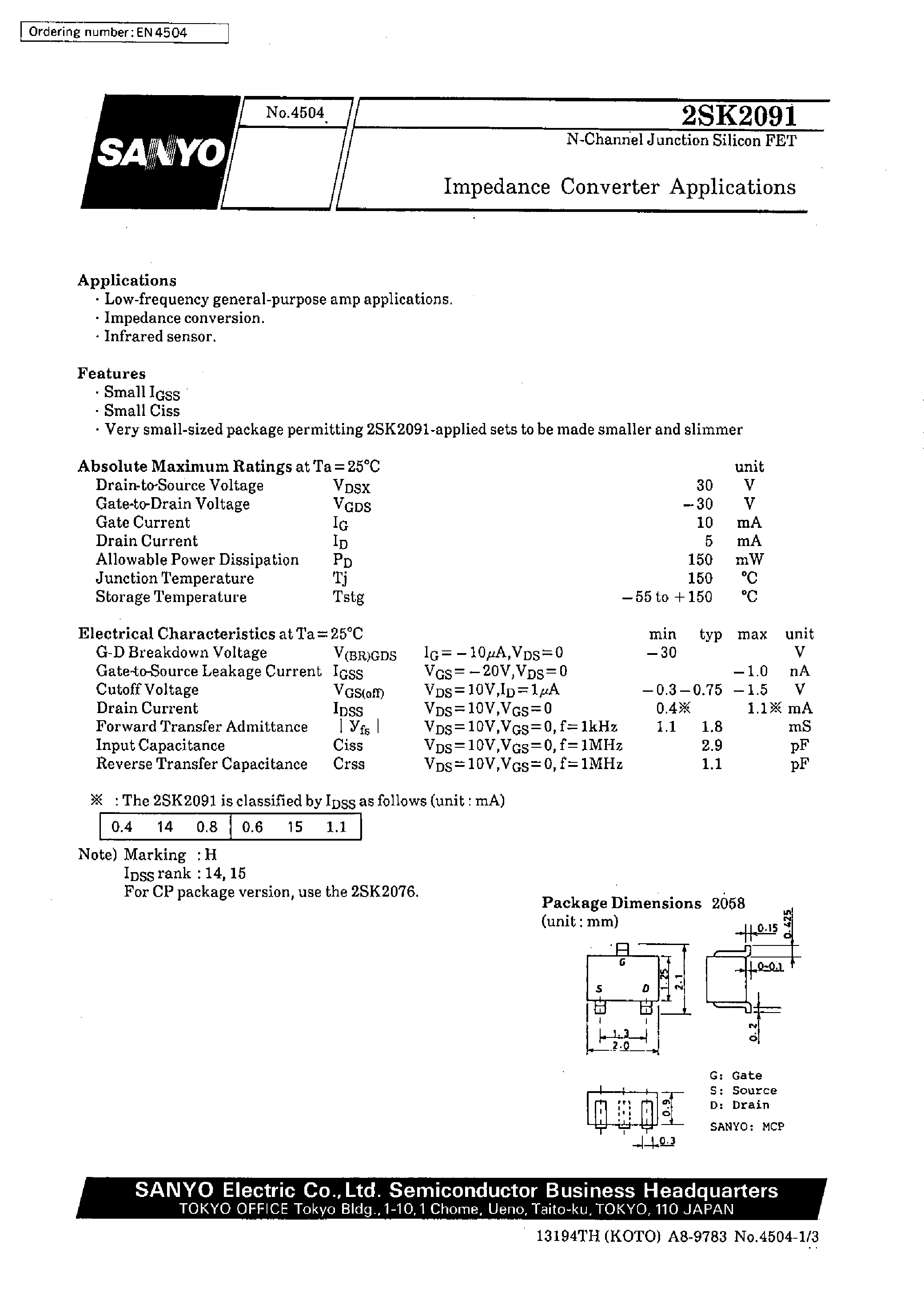 Datasheet 2SK2091 - Impedance Converter Applications page 1