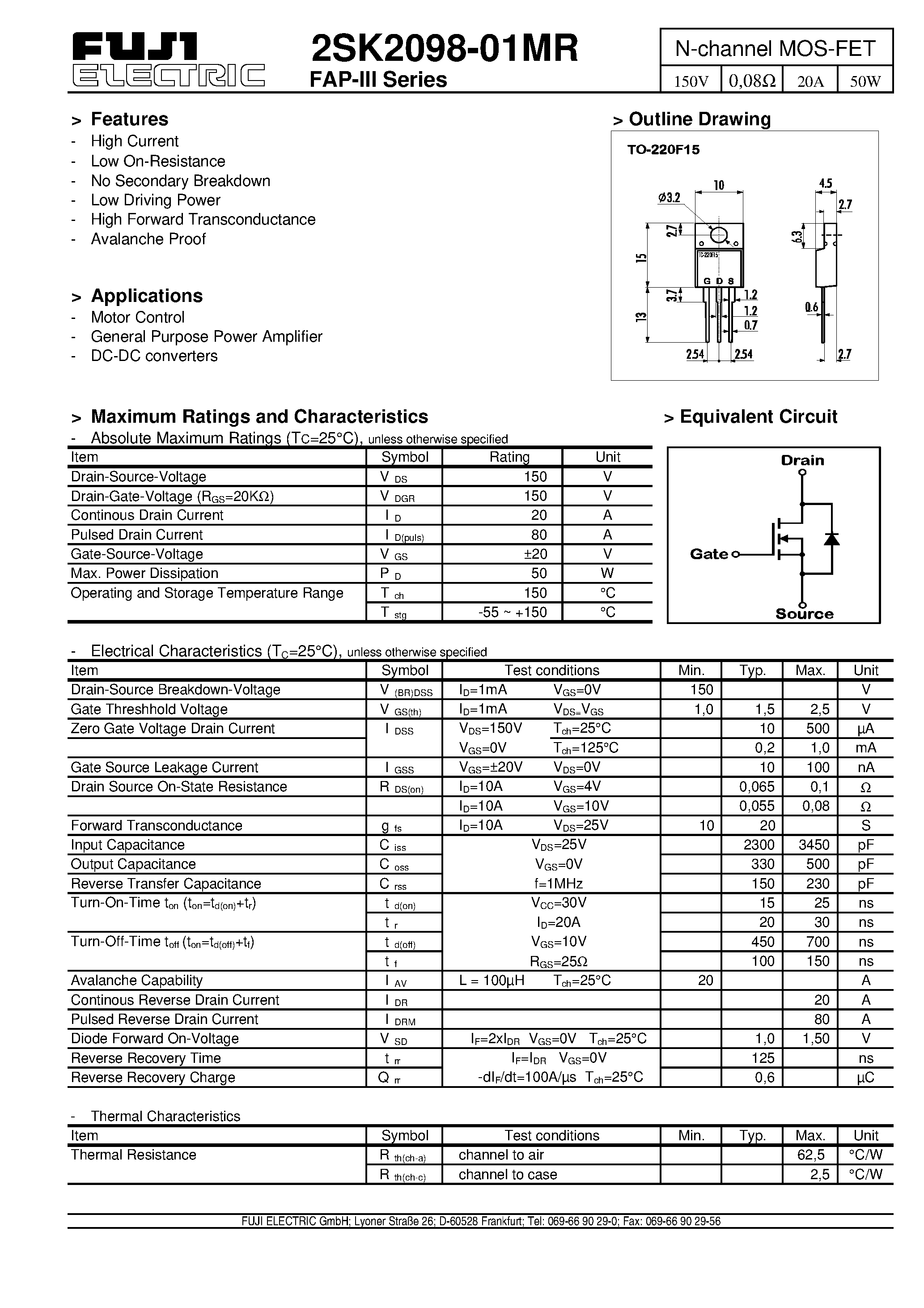 Даташит 2SK2098 - N-channel MOS-FET страница 1