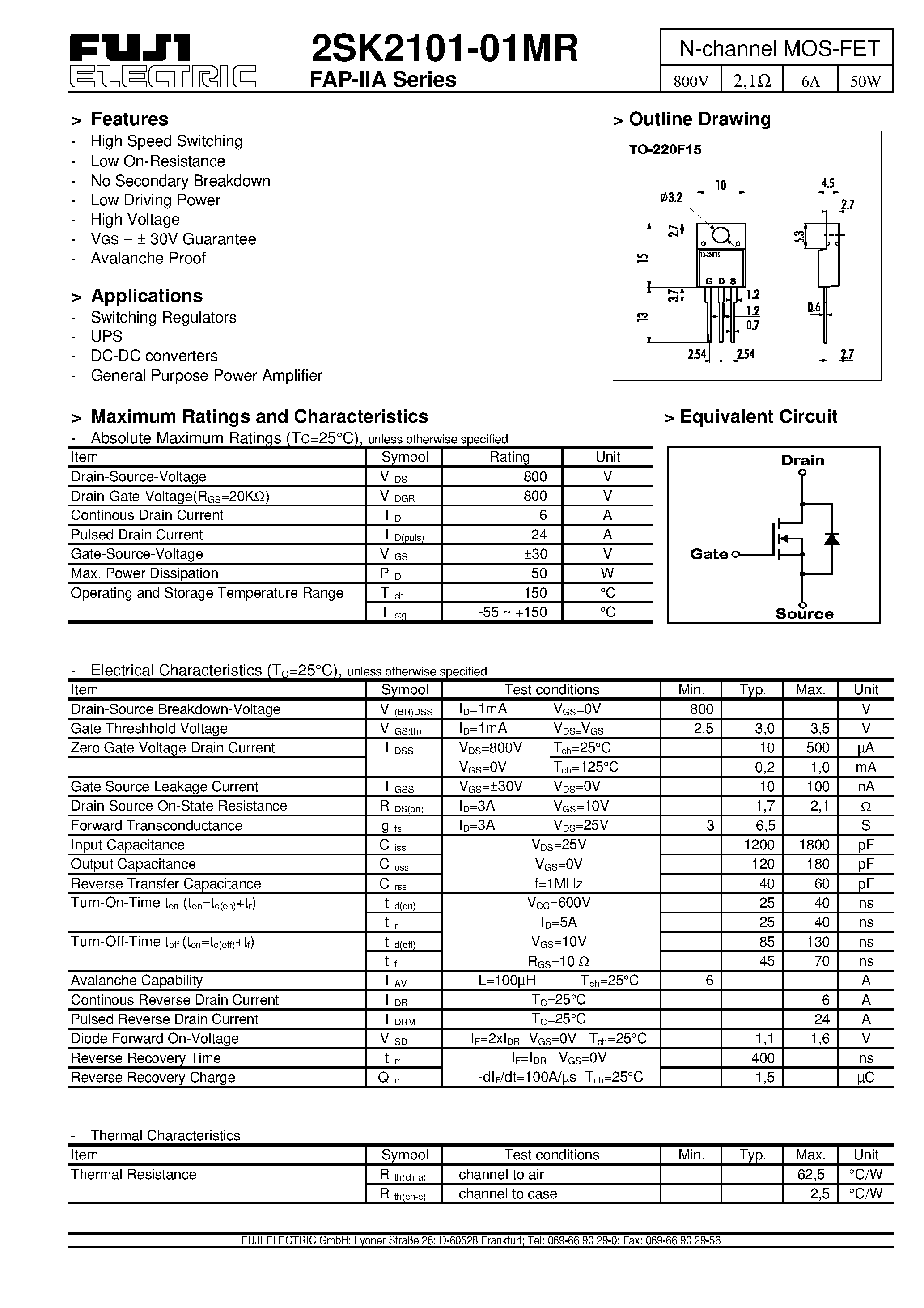 Даташит 2SK2101-01MR - N-channel MOS-FET страница 1