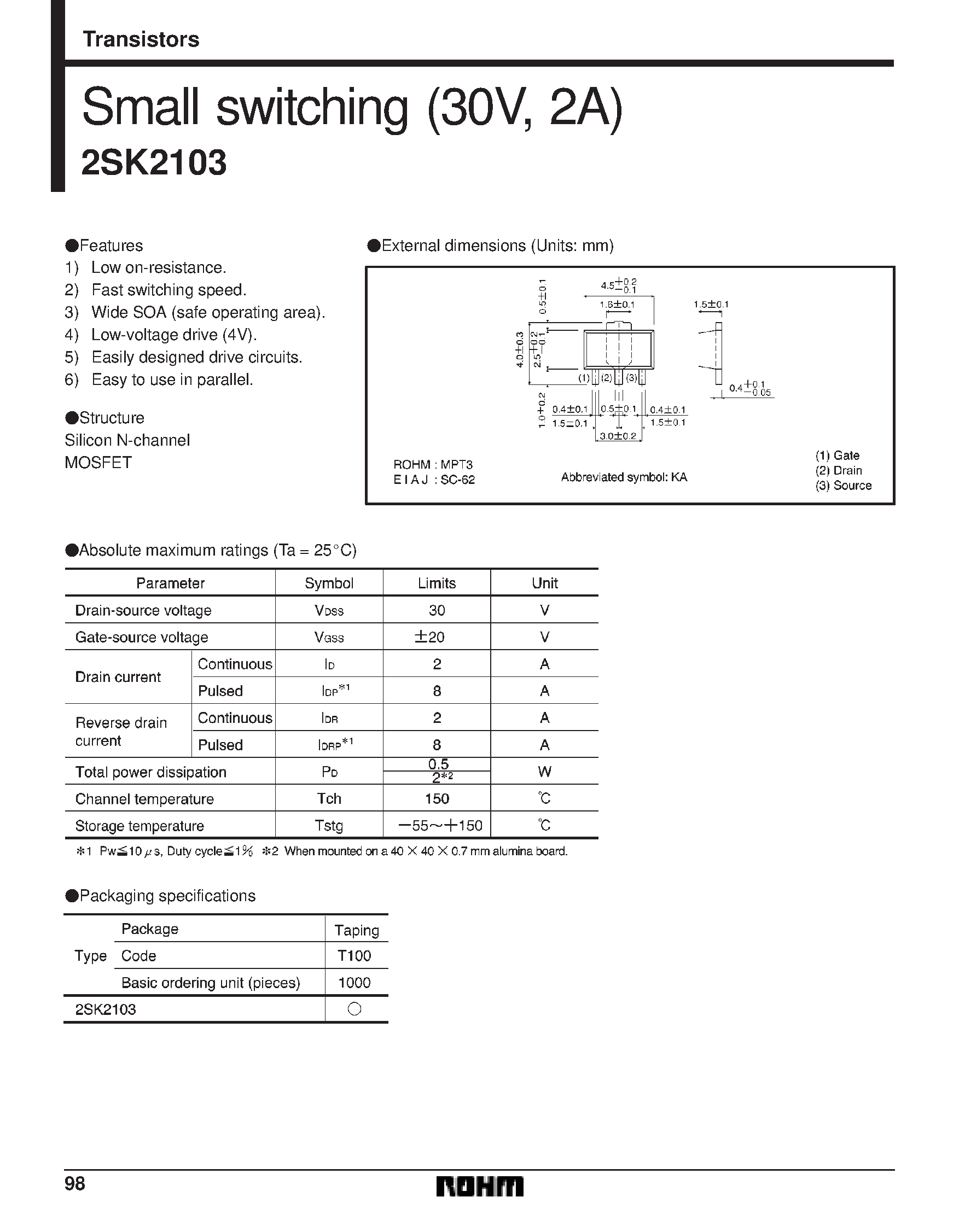 Даташит 2SK2103 - Small switching (30V/ 2A) страница 1