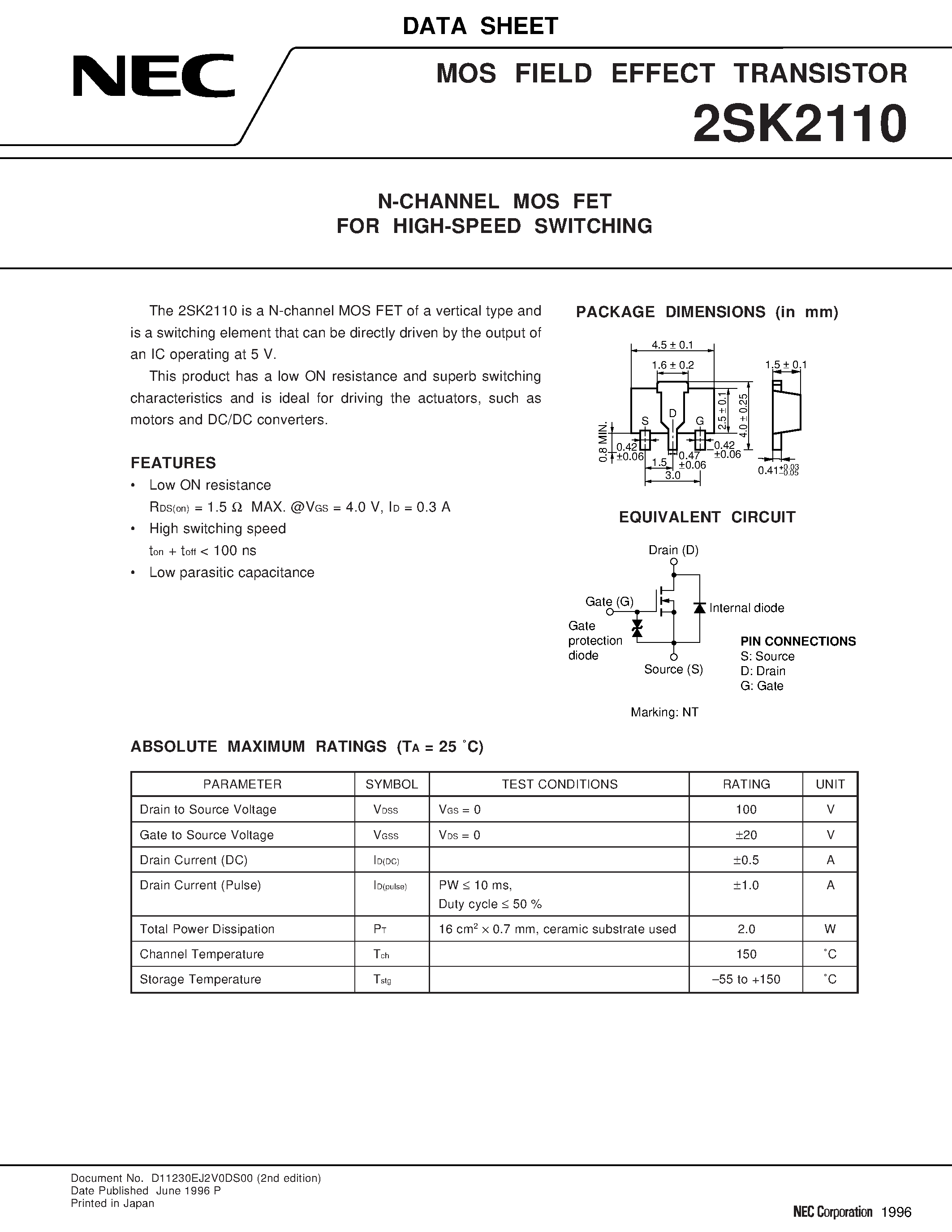 Даташит 2SK2110 - N-CHANNEL MOS FET FOR HIGH-SPEED SWITCHING страница 1