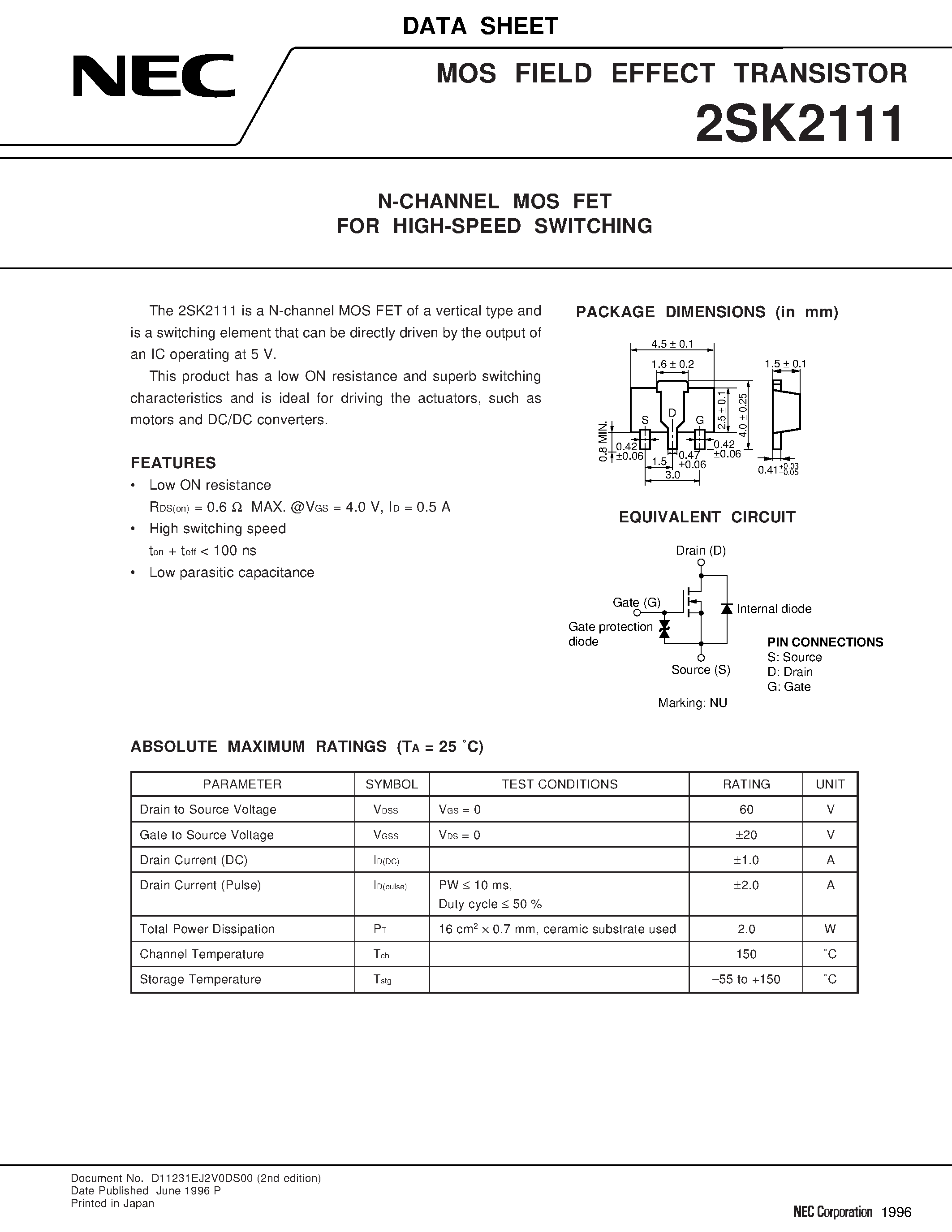 Даташит 2SK2111 - N-CHANNEL MOS FET FOR HIGH-SPEED SWITCHING страница 1