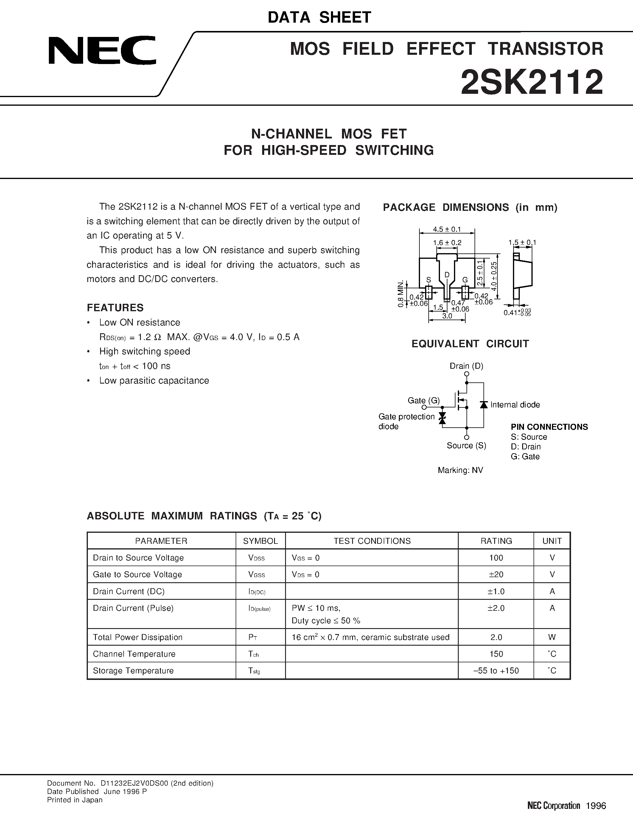 Даташит 2SK2112 - N-CHANNEL MOS FET FOR HIGH-SPEED SWITCHING страница 1