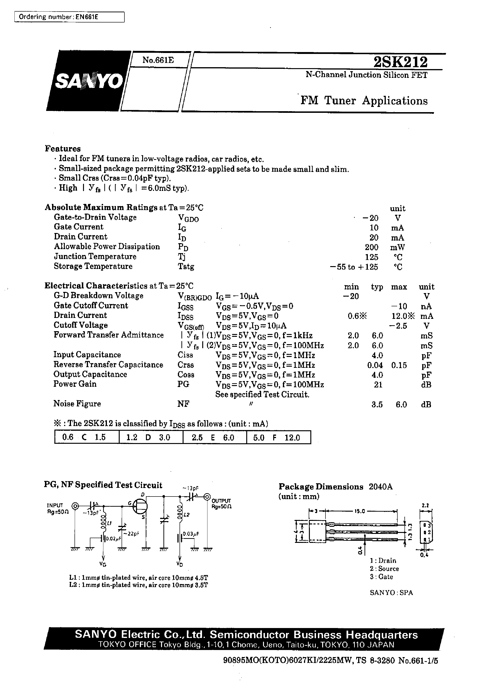 Даташит 2SK212 - N-Channel Junction Silicon FET(FM Tuner Applications) страница 1