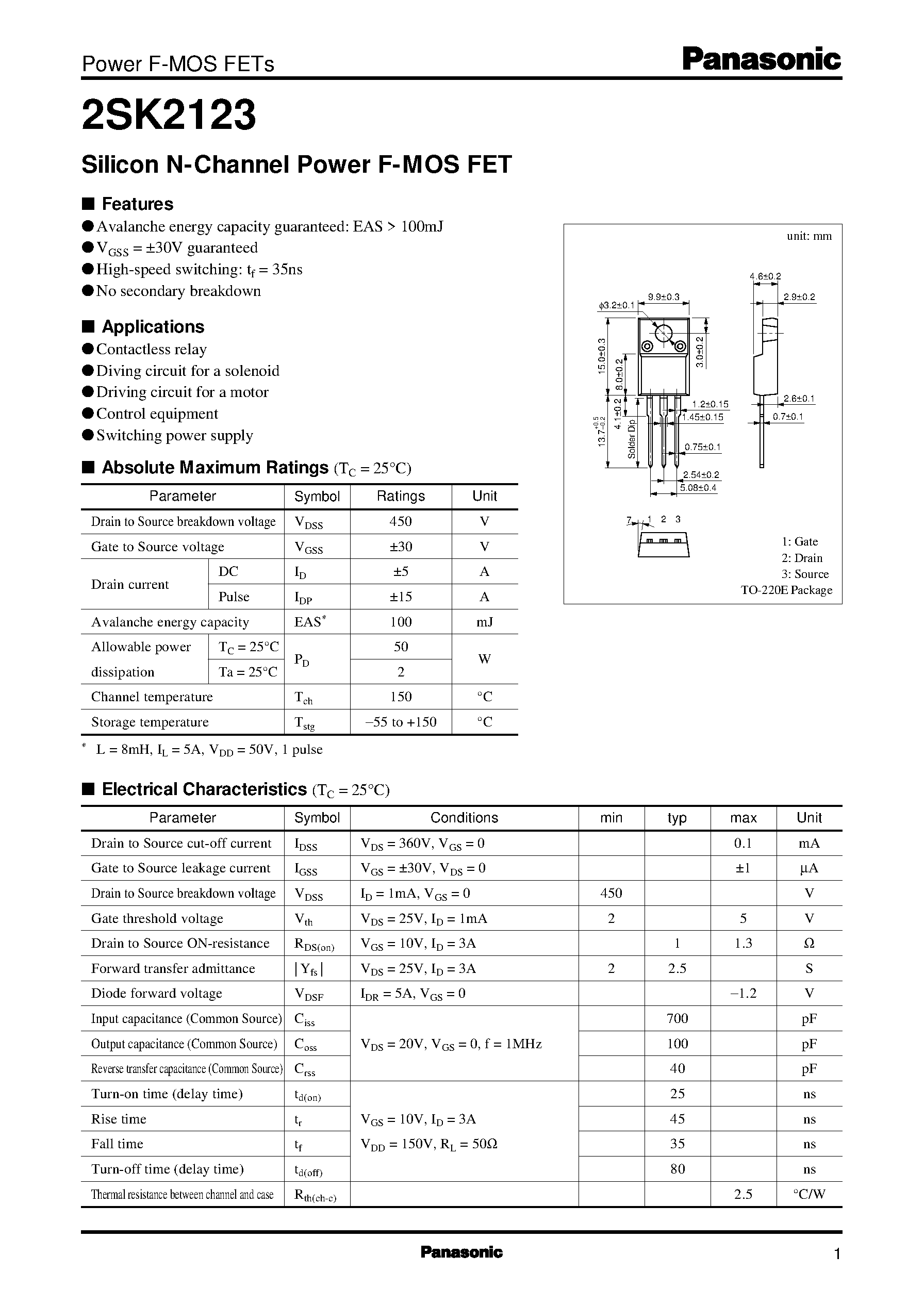 Даташит 2SK2123 - Silicon N-Channel Power F-MOS FET страница 1