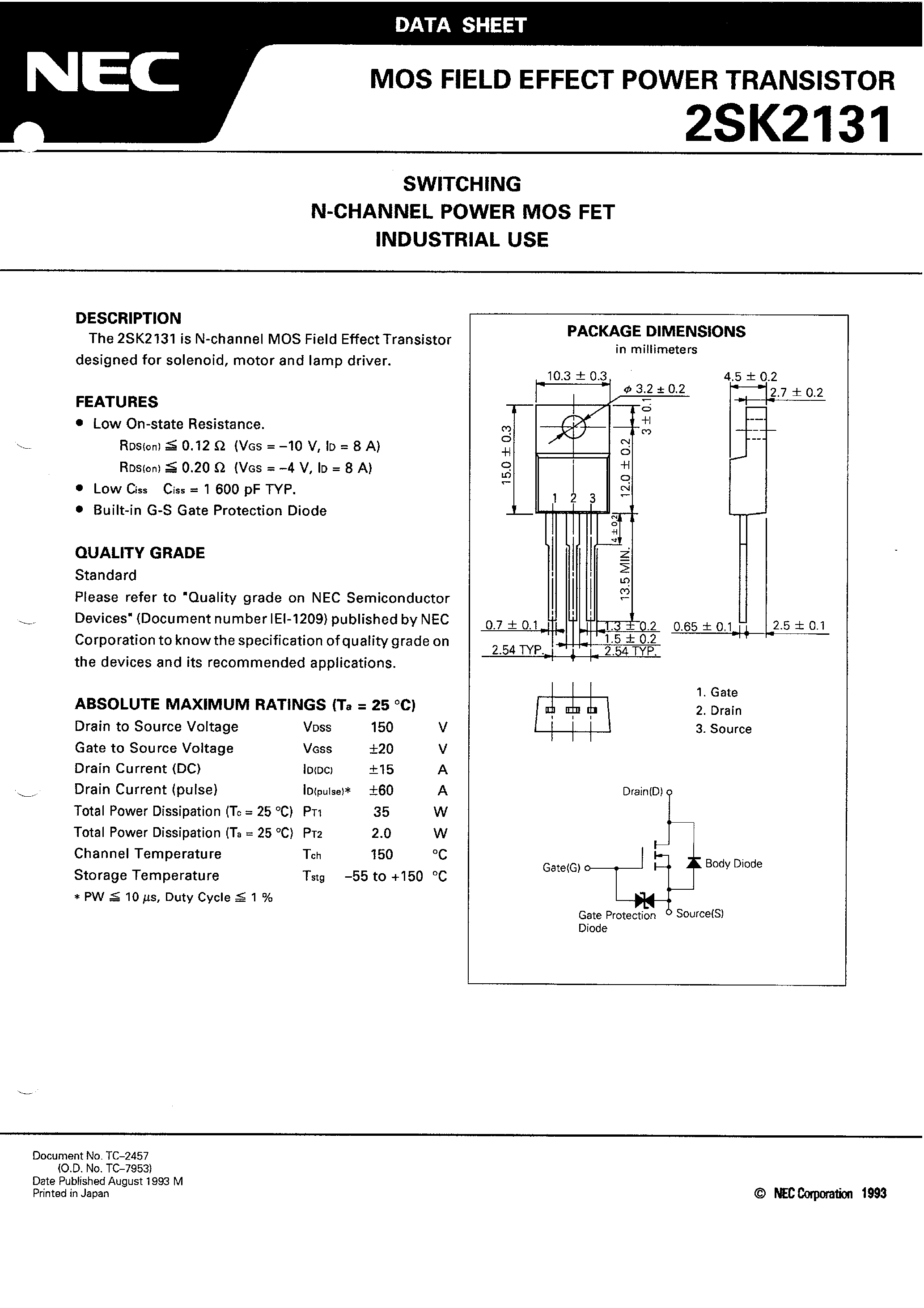 Даташит 2SK2131 - SWITCHING N-CHANNEL POWER MOS FET INDUSTRIAL USE страница 1