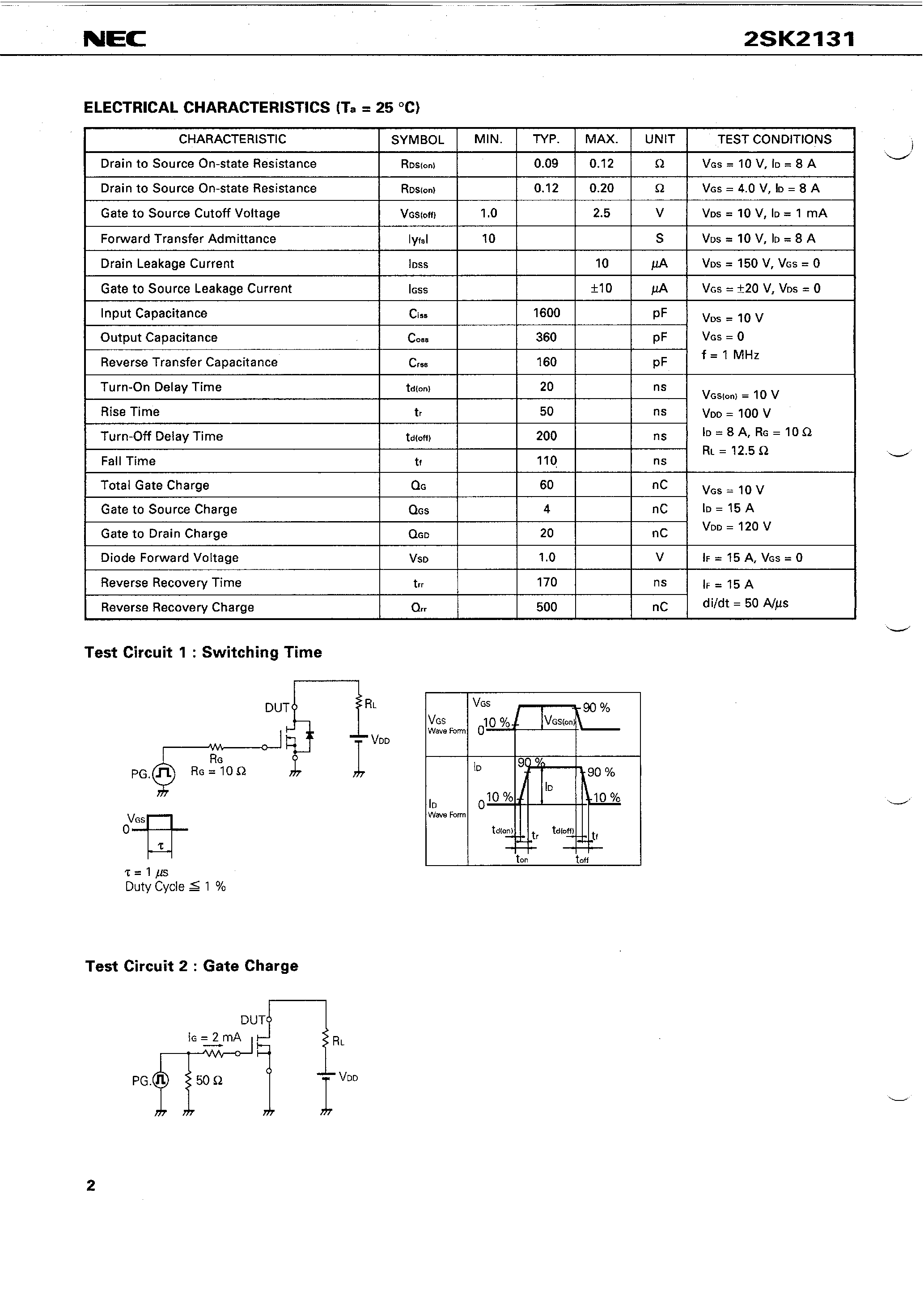 Даташит 2SK2131 - SWITCHING N-CHANNEL POWER MOS FET INDUSTRIAL USE страница 2