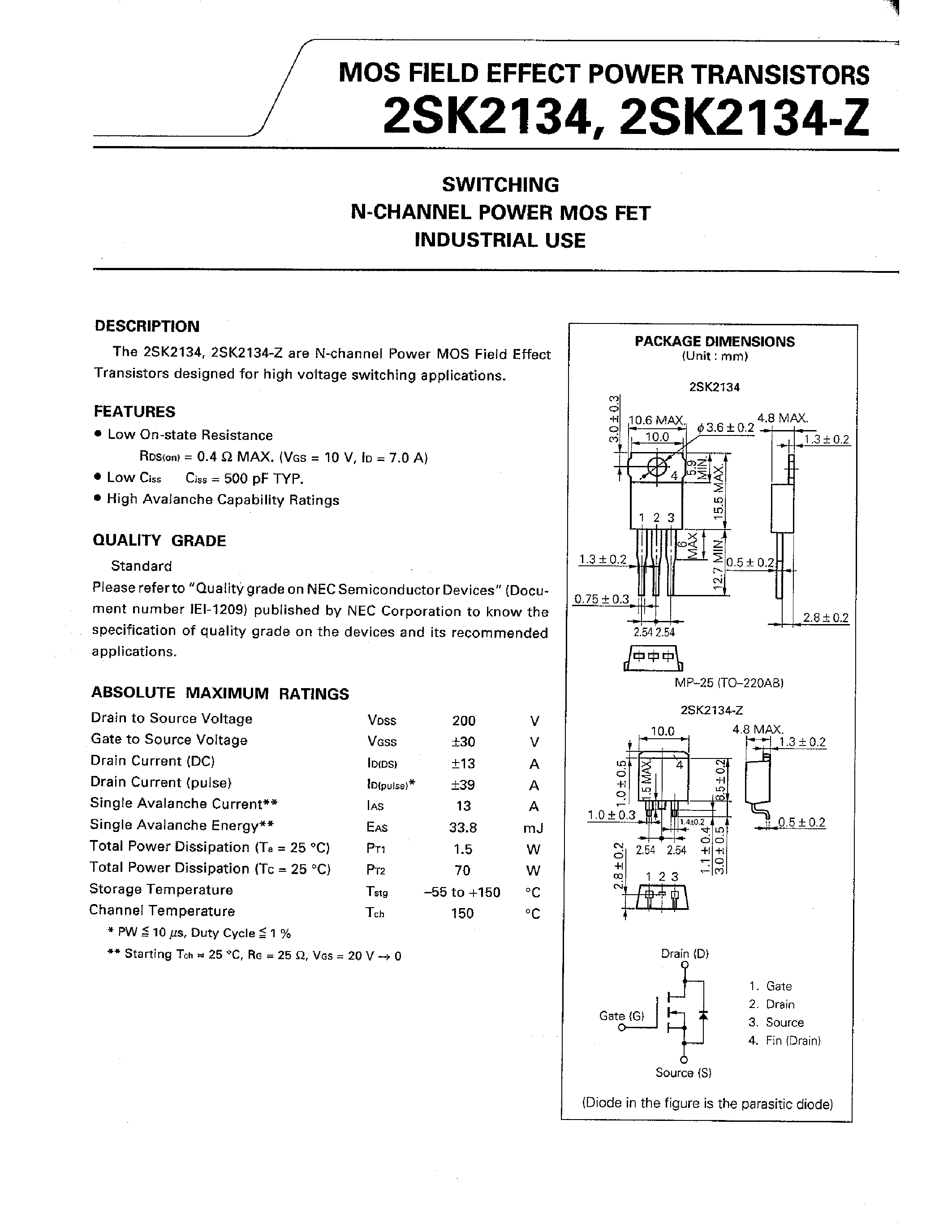 Даташит 2SK2134 - SWITCHING N-CHANNEL POWER MOS FET INDUSTRIAL USE страница 1