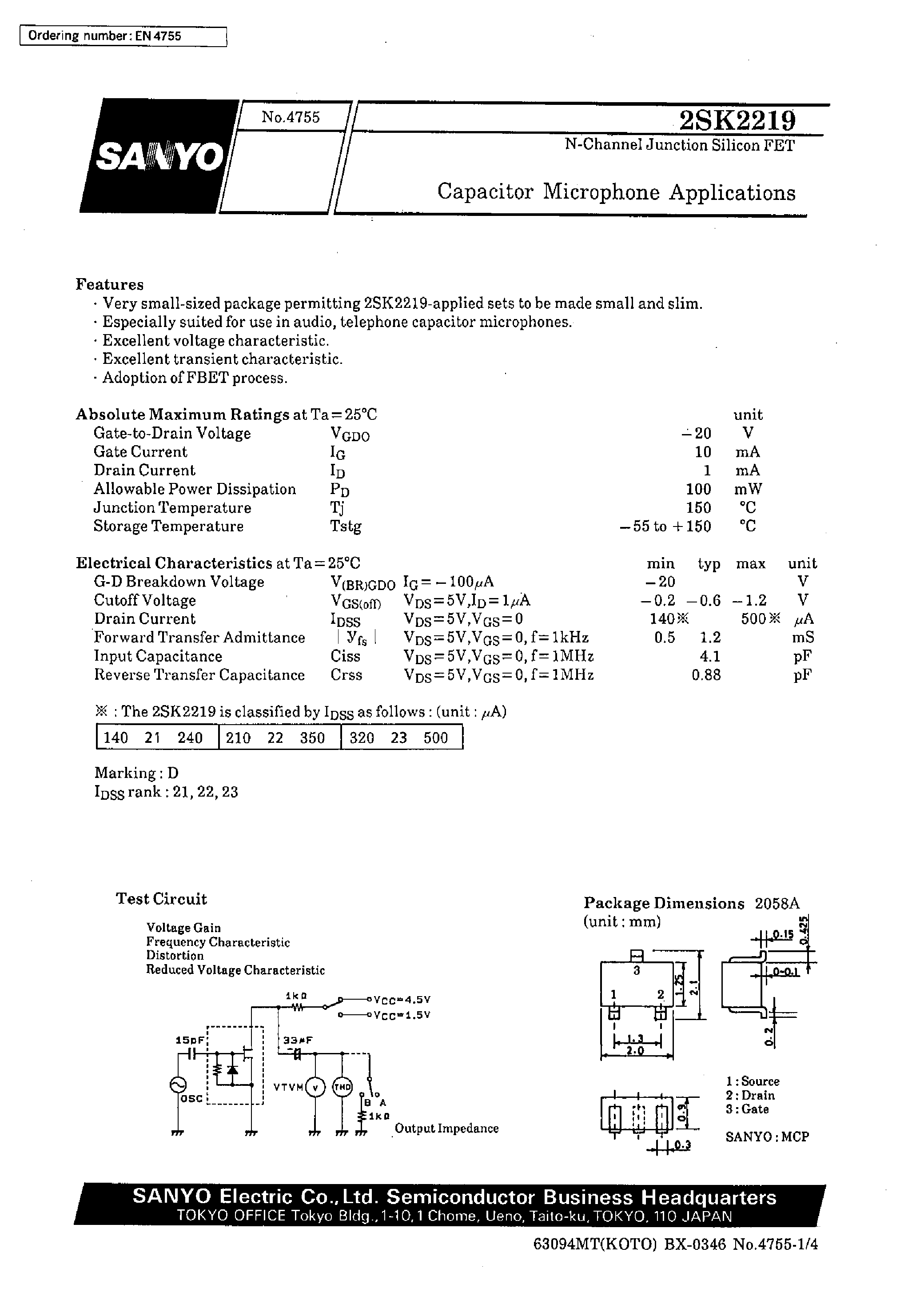 Даташит 2SK2219 - Capacitor Microphone Applications страница 1