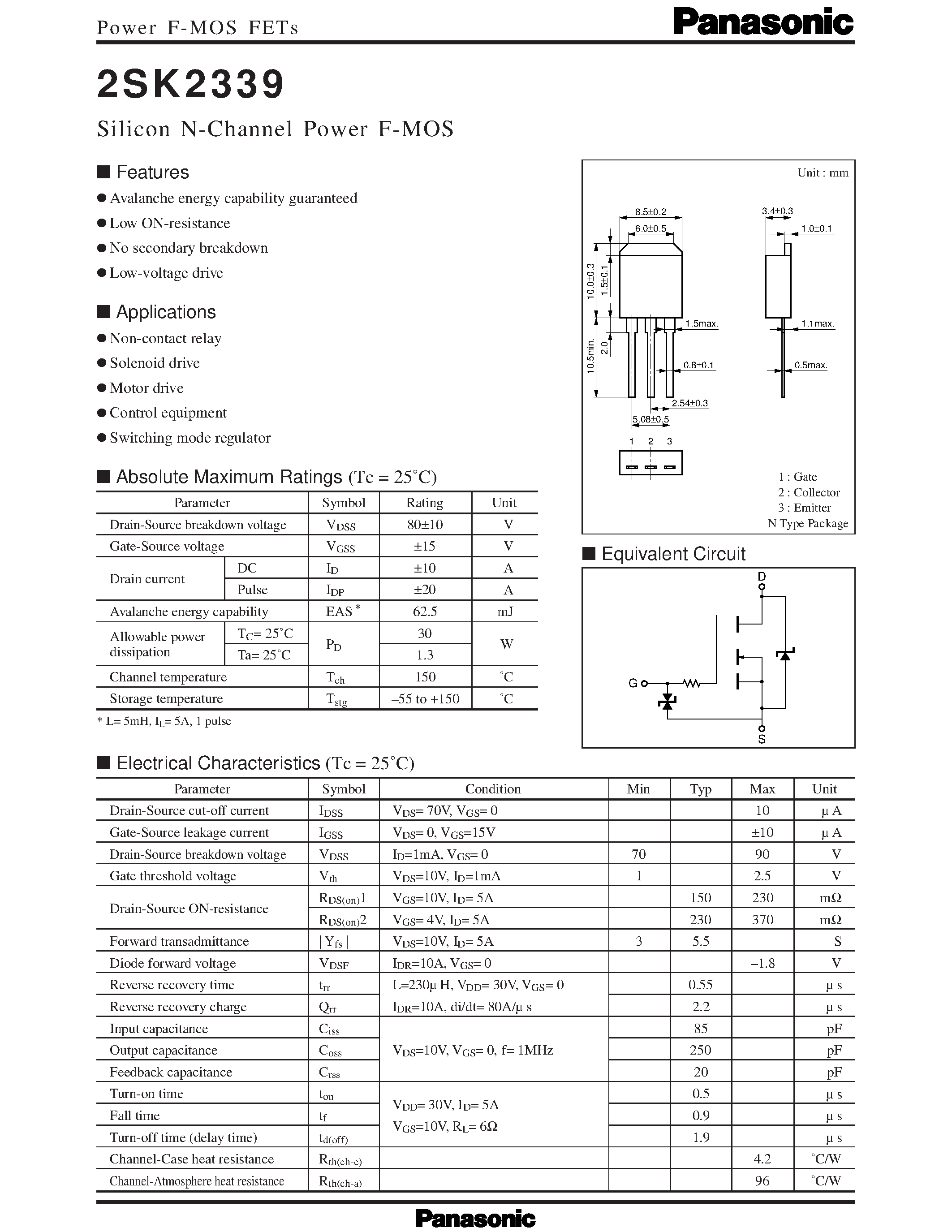 Даташит 2SK2339 - Silicon N-Channel Power F-MOS страница 1