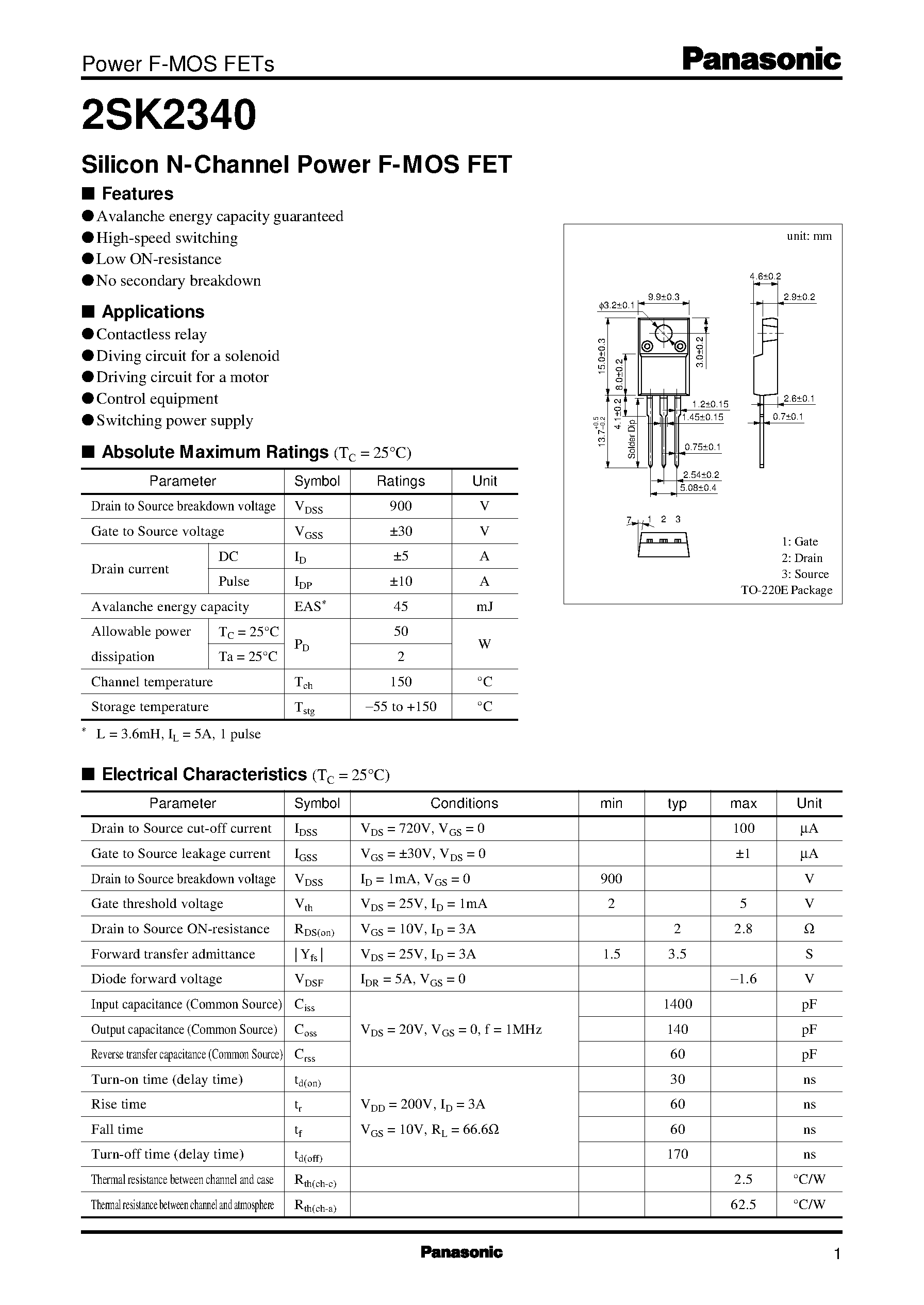 Даташит 2SK2340 - Silicon N-Channel Power F-MOS FET страница 1