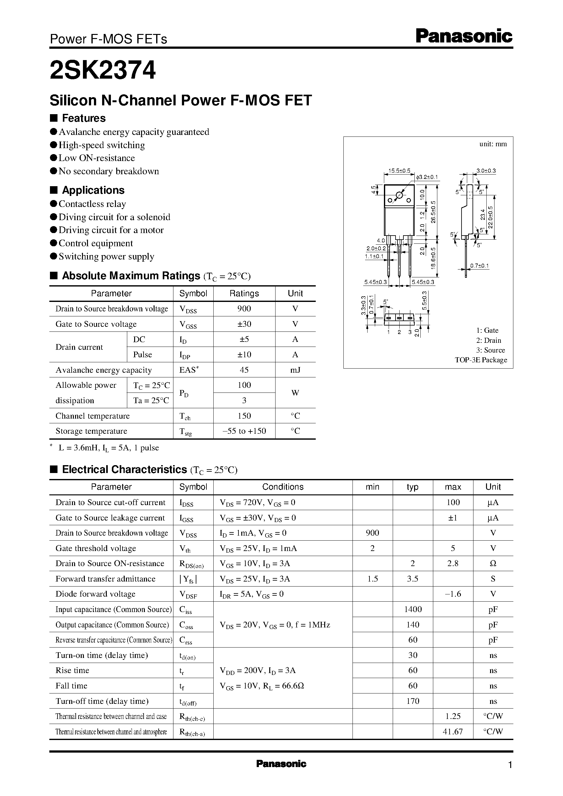 Даташит 2SK2374 - Silicon N-Channel Power F-MOS FET страница 1