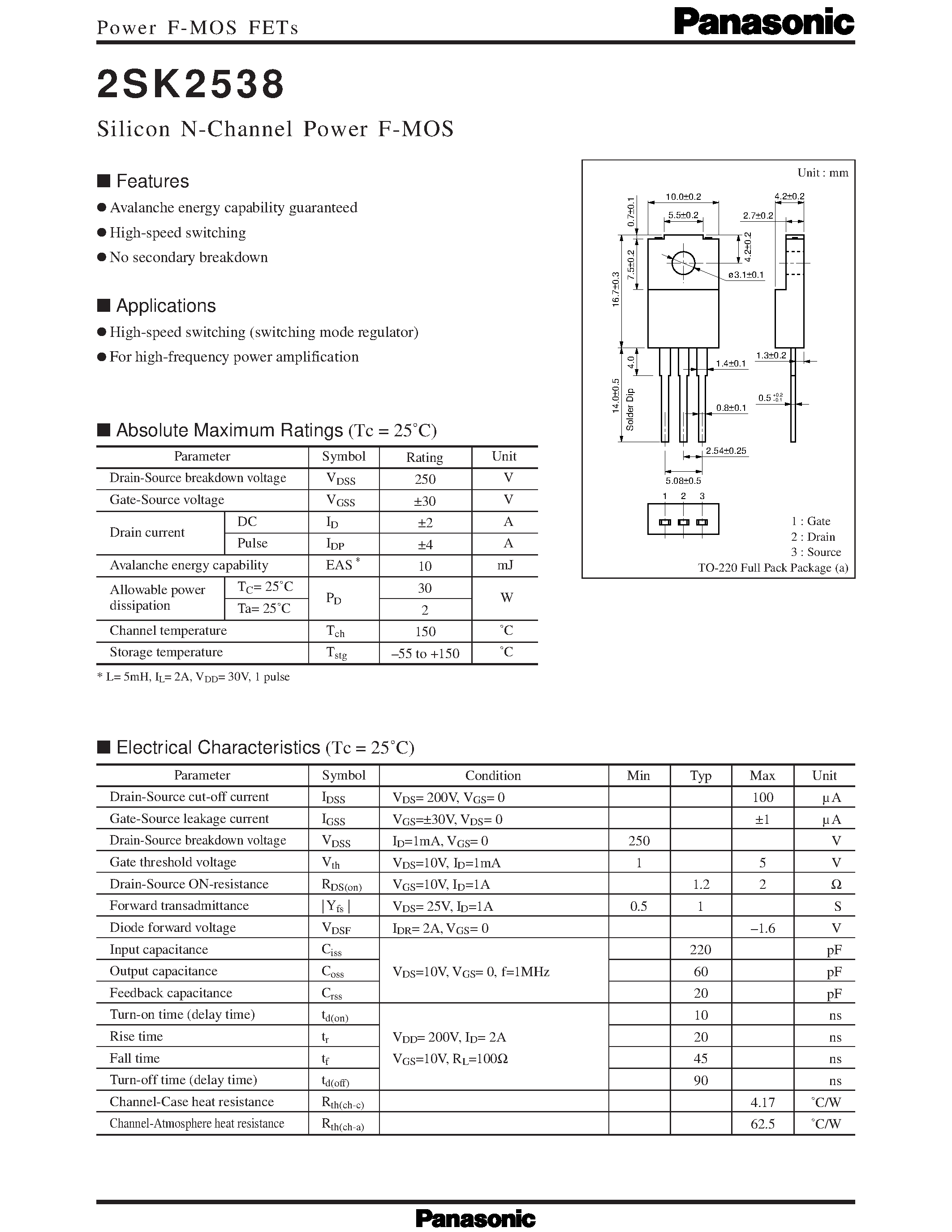 Даташит 2SK2538 - Silicon N-Channel Power F-MOS страница 1