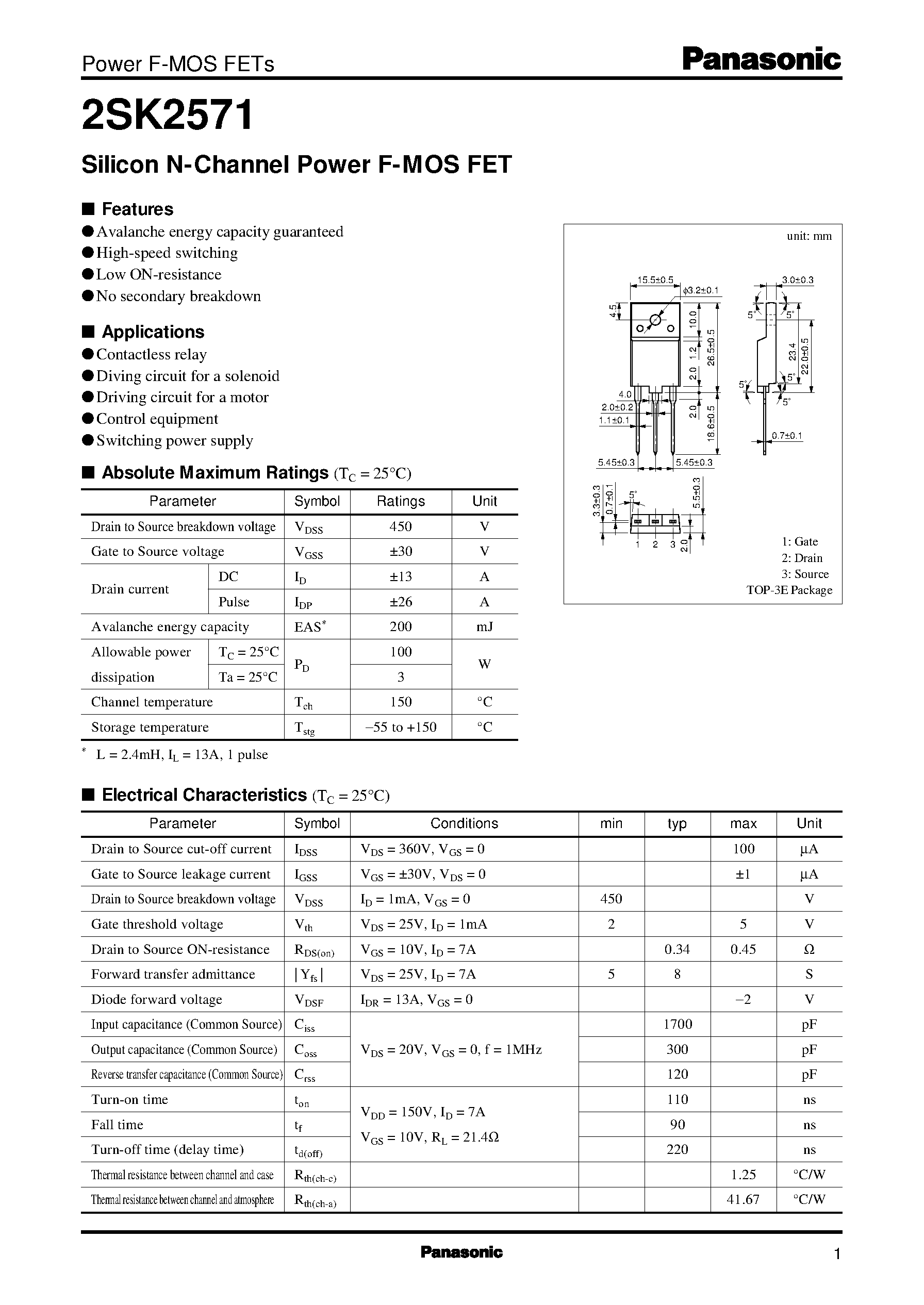 Даташит 2SK2571 - Silicon N-Channel Power F-MOS FET страница 1