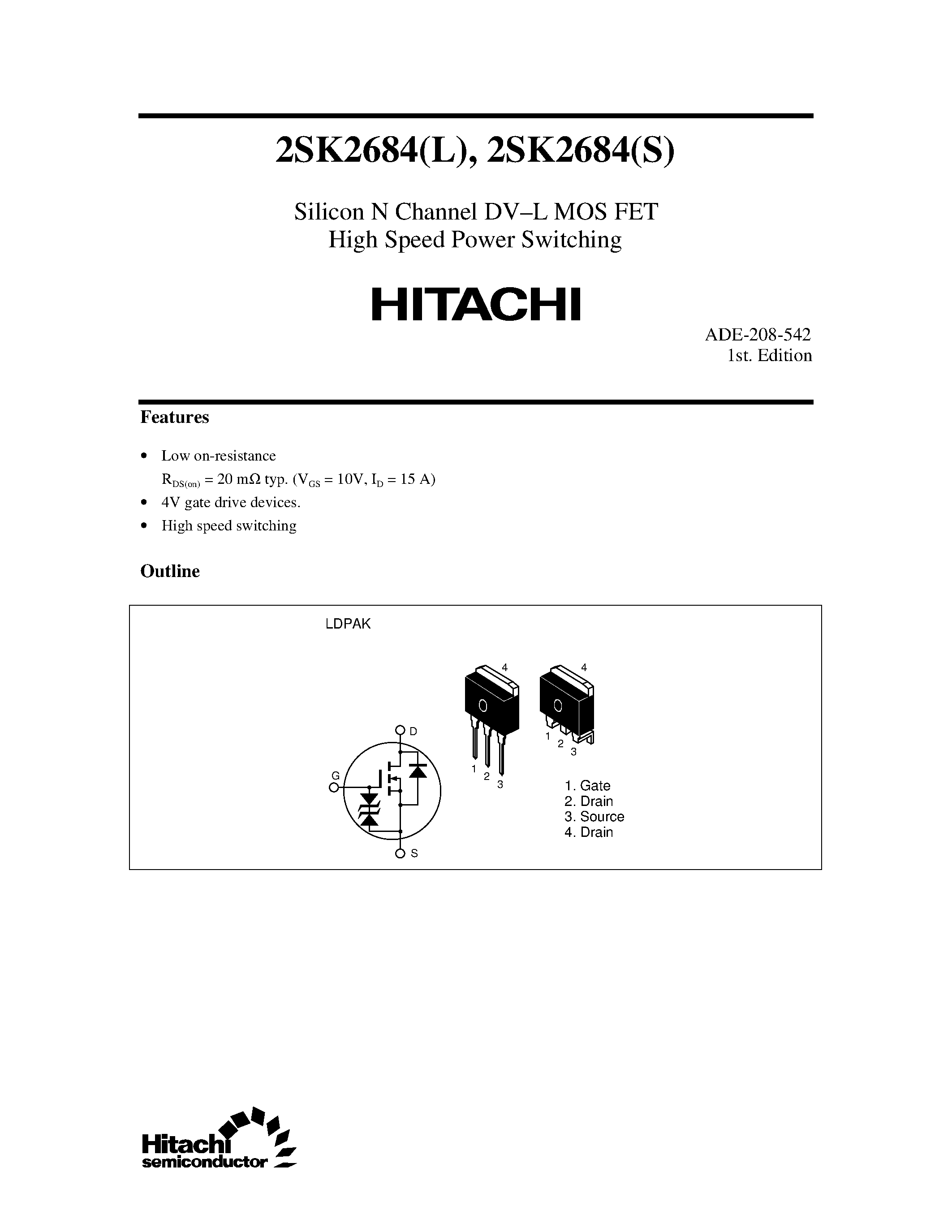 Datasheet 2SK2684 - Silicon N Channel DV-L MOS FET High Speed Power Switching page 1