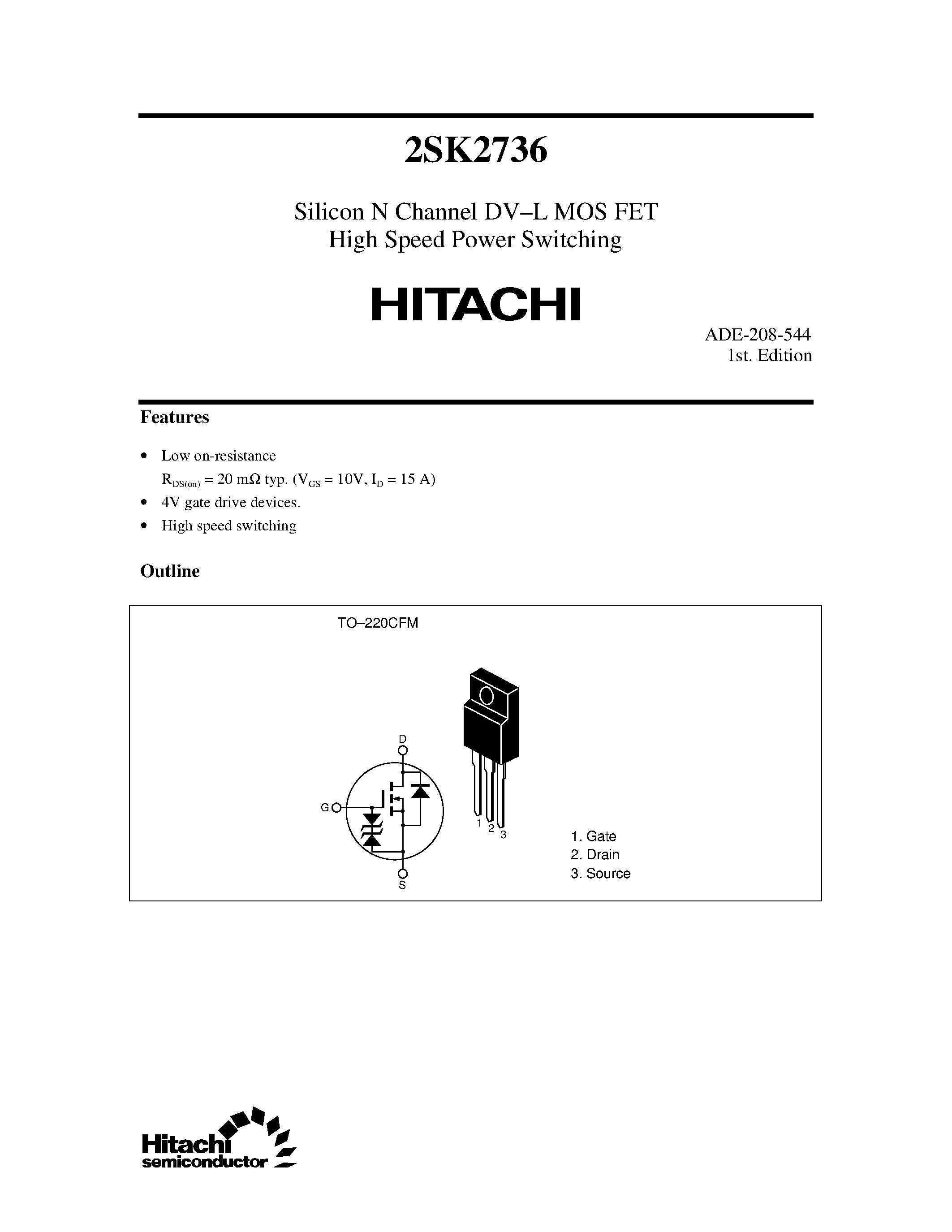 Datasheet 2SK2736 - Silicon N Channel DV-L MOS FET High Speed Power Switching page 1